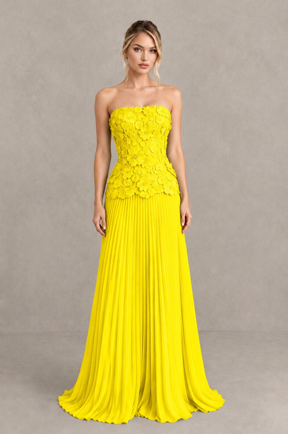 BOLODOO Yellow Strapless Floral Applique Pleated Evening Dress - Yellow - Yellow_1