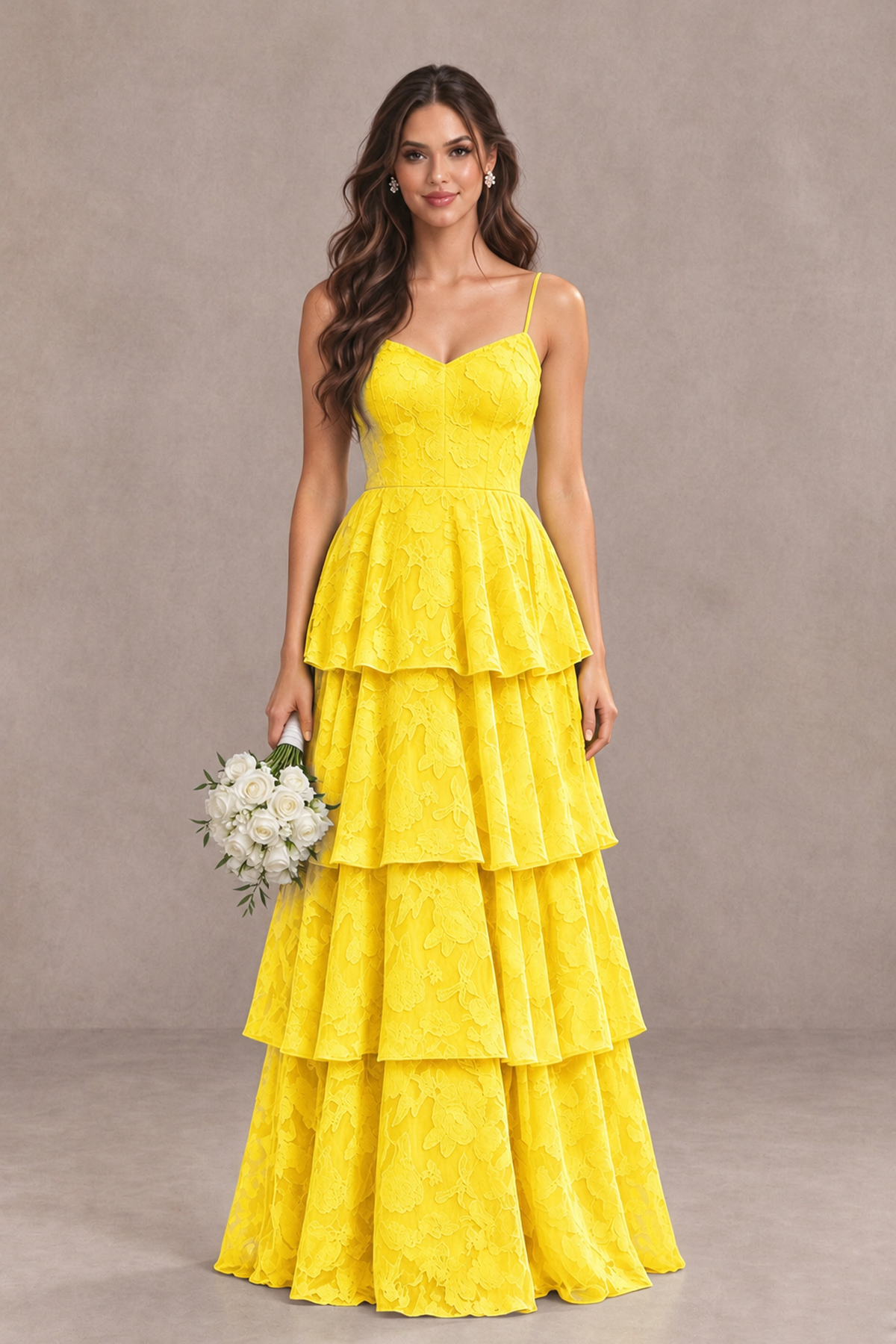 BOLODOO Yellow Tiered Floral-Textured Spaghetti Strap Maxi Dress - Yellow - Yellow_1