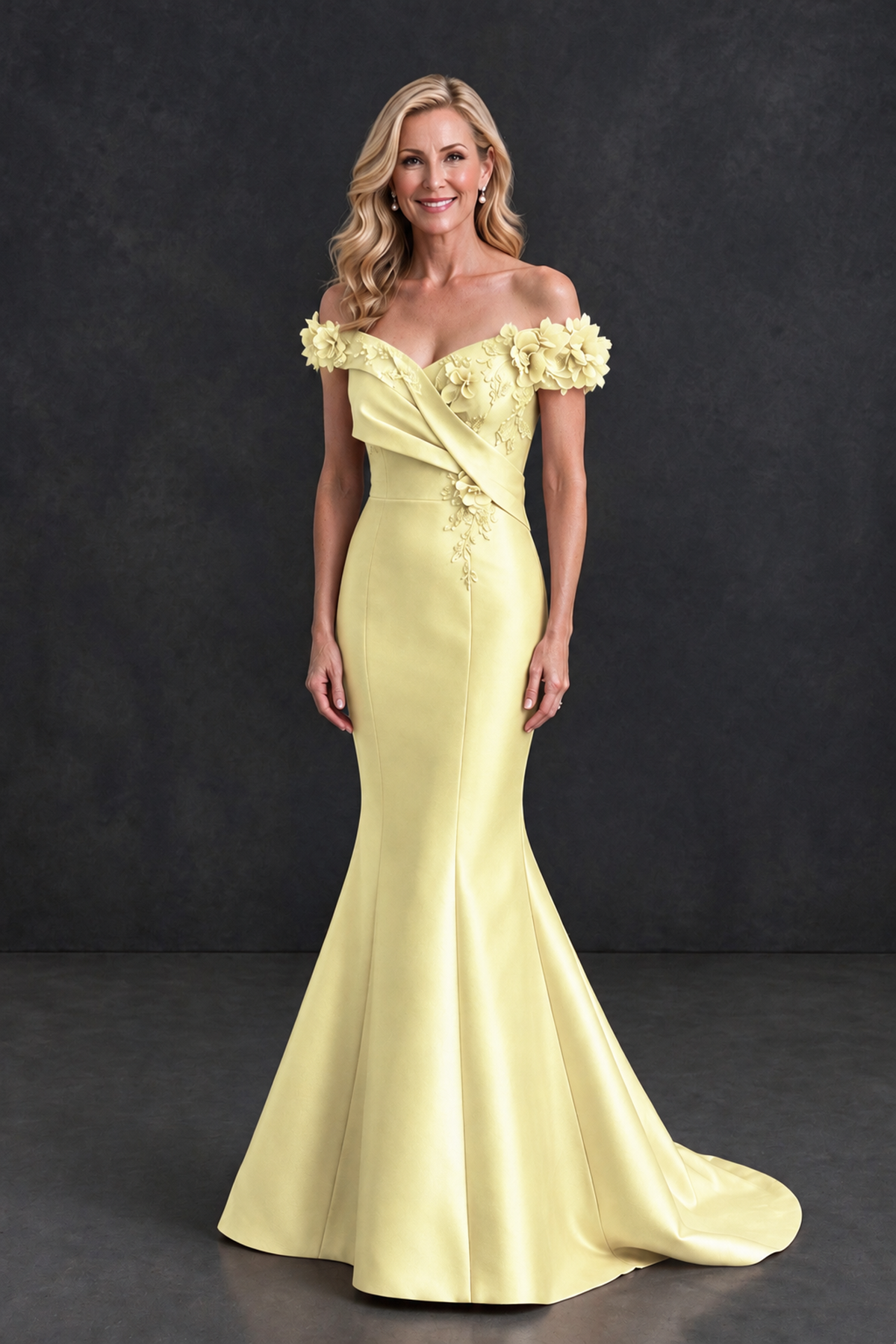 BOLODOO Yellow Off-Shoulder Floral Mermaid Mother of the Bride Dress - Yellow - Yellow_1