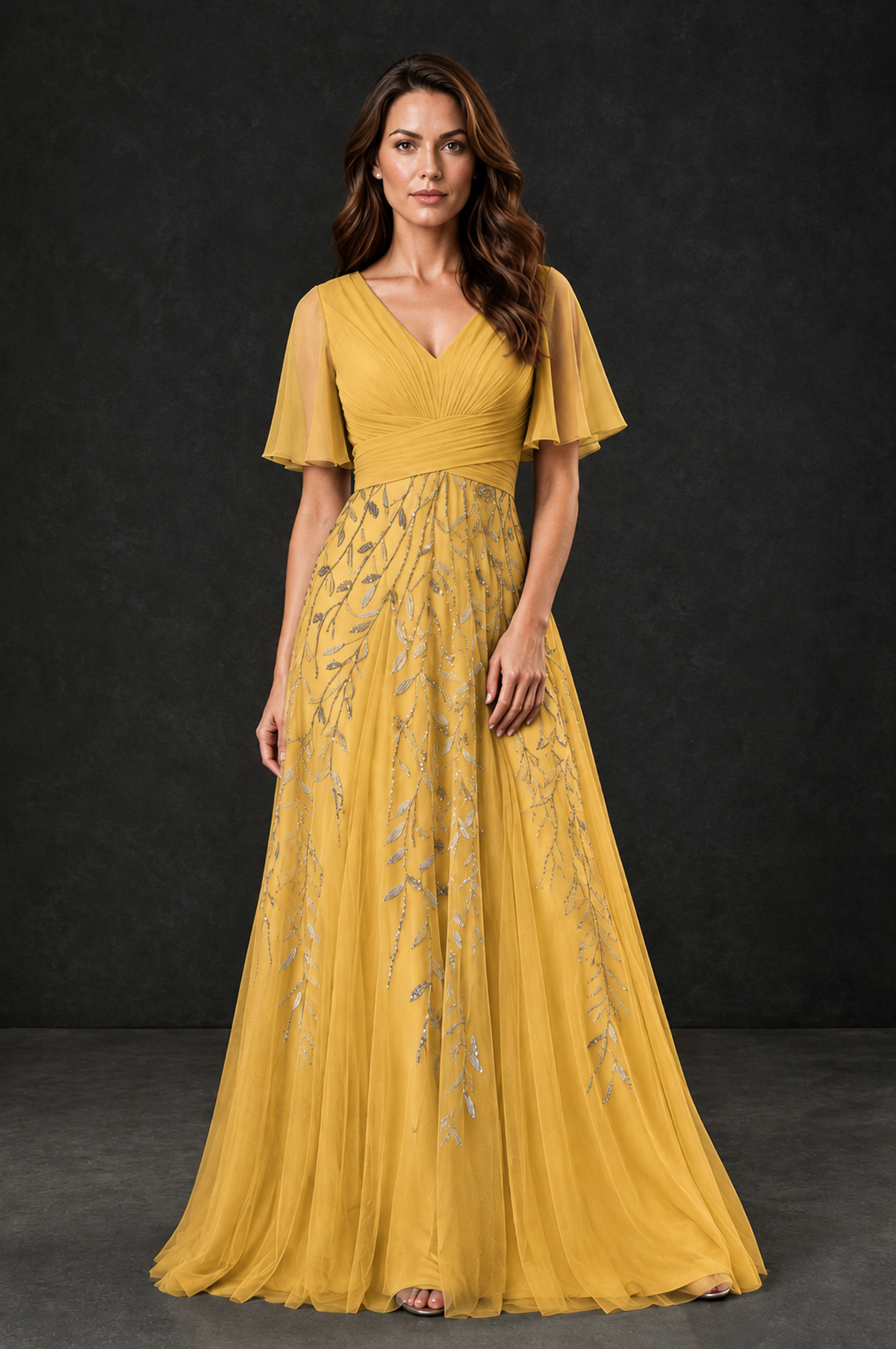 BOLODOO Yellow V-Neck Flutter Sleeve Beaded Botanical Tulle A-Line Gown | Mother of the Bride Evening Dress - Yellow - Yellow_1