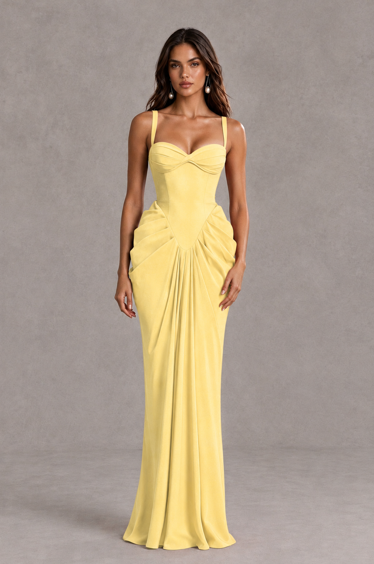 BOLODOO Yellow Sweetheart Ruched Lace-Up Back Evening Gown - Yellow - Yellow_1