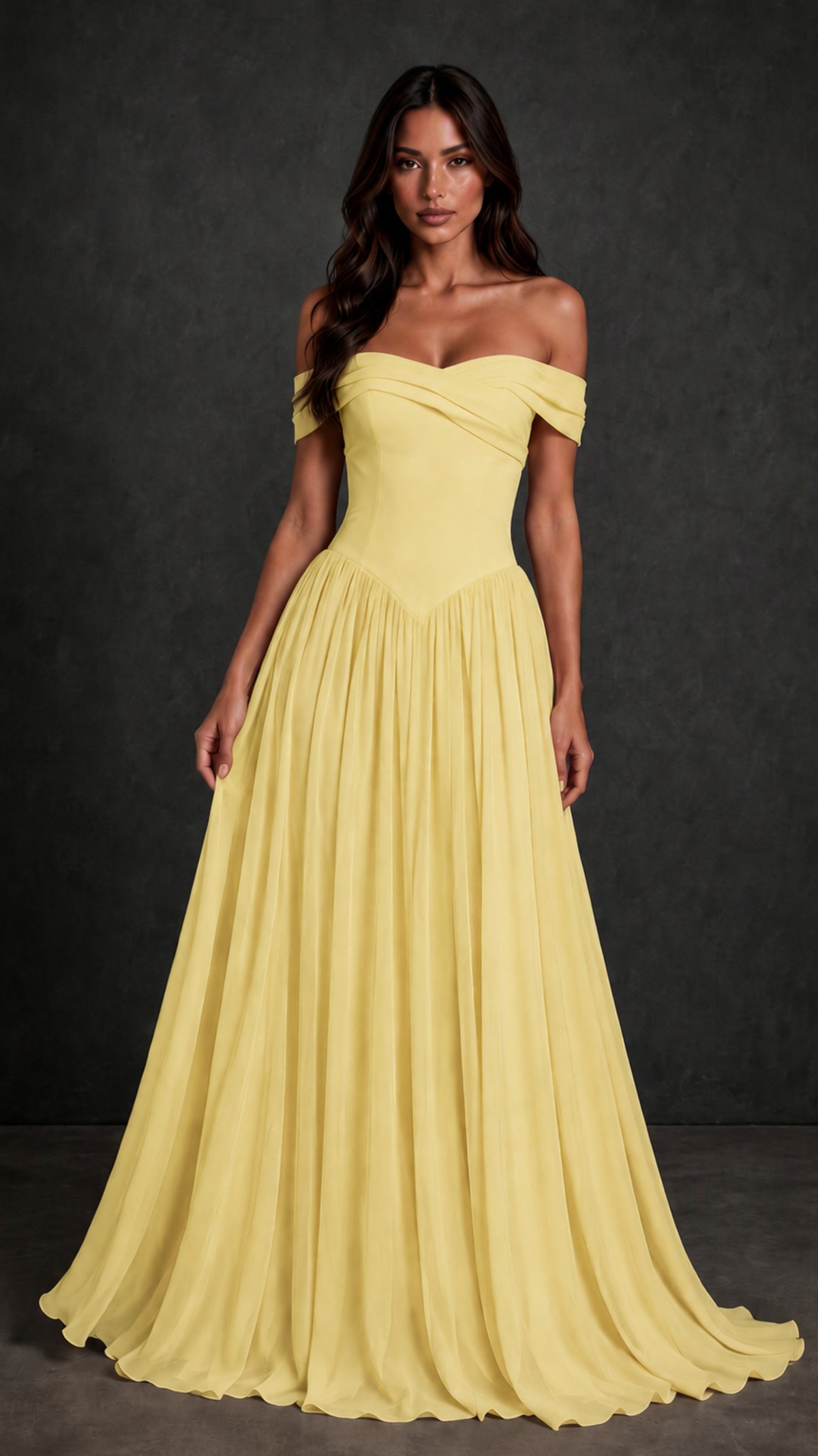 BOLODOO Yellow Off-Shoulder Sweetheart Corset Pleated Chiffon Maxi Dress - Yellow