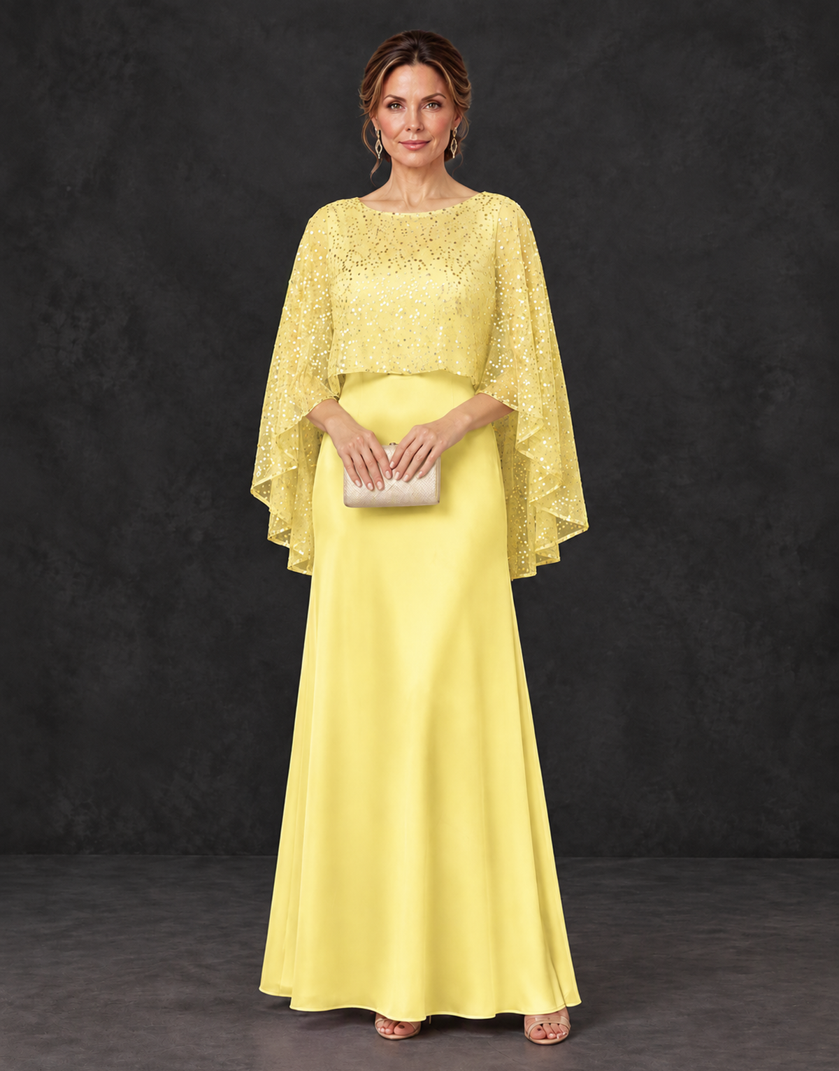BOLODOO Yellow Sparkle Cape Sleeve Mother of the Bride Dress - Yellow - Yellow_1
