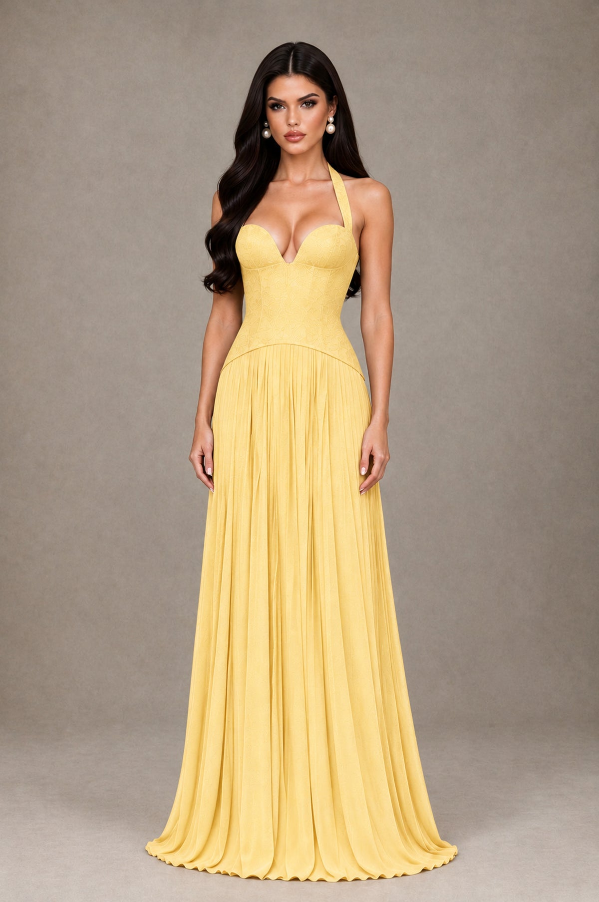 BOLODOO Yellow Halter Corset Pleated A-Line Evening Dress - Yellow - Yellow_1