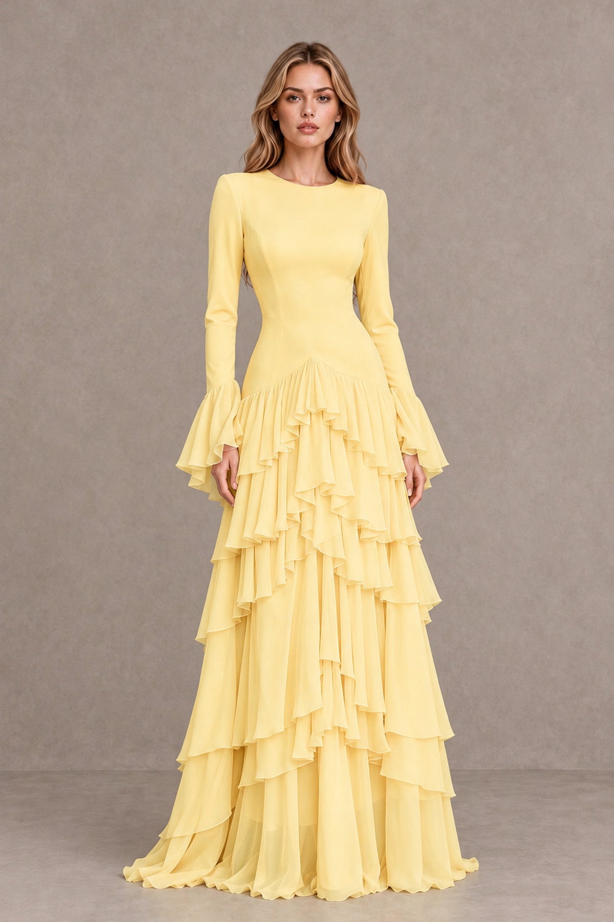 Yellow Long Sleeve Tiered Ruffle Evening Gown - Yellow - Yellow_1