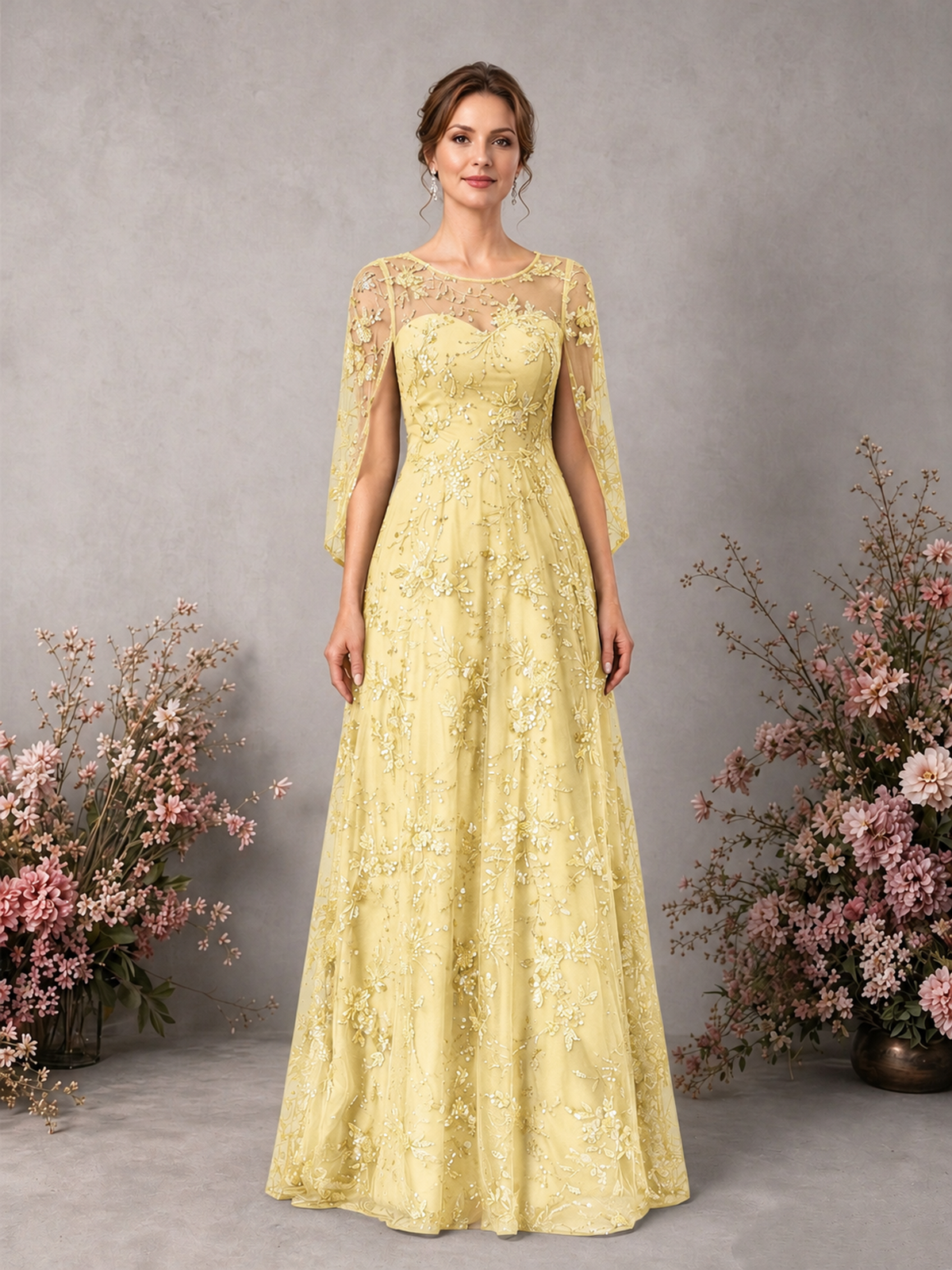BOLODOO Yellow Sequin Lace Cape Sleeve Formal Evening Gown - Yellow - Yellow_1