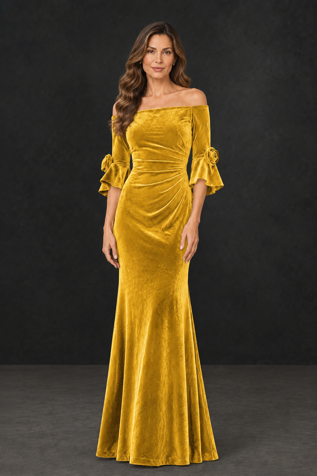 BOLODOO Yellow Velvet Mother of the Bride Dress with Rosette Sleeves - Yellow - Yellow_1