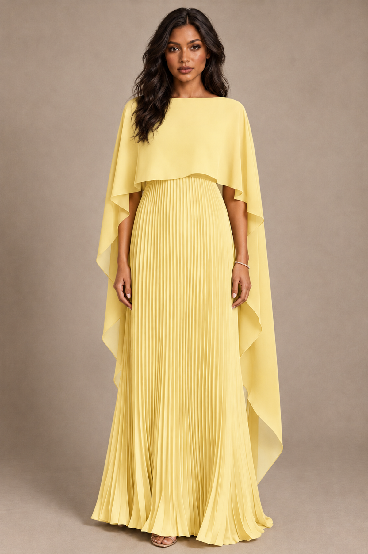 BOLODOO Yellow Pleated Cape A-Line Evening Dress - Yellow - Yellow_1