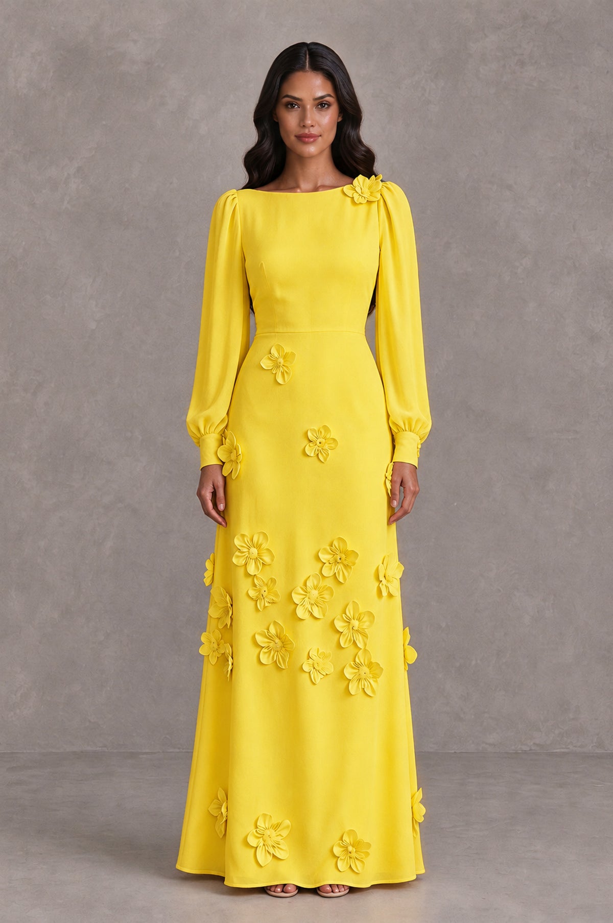 BOLODOO Yellow Long Sleeve Floral Applique A-Line Evening Dress - Yellow - Yellow_1