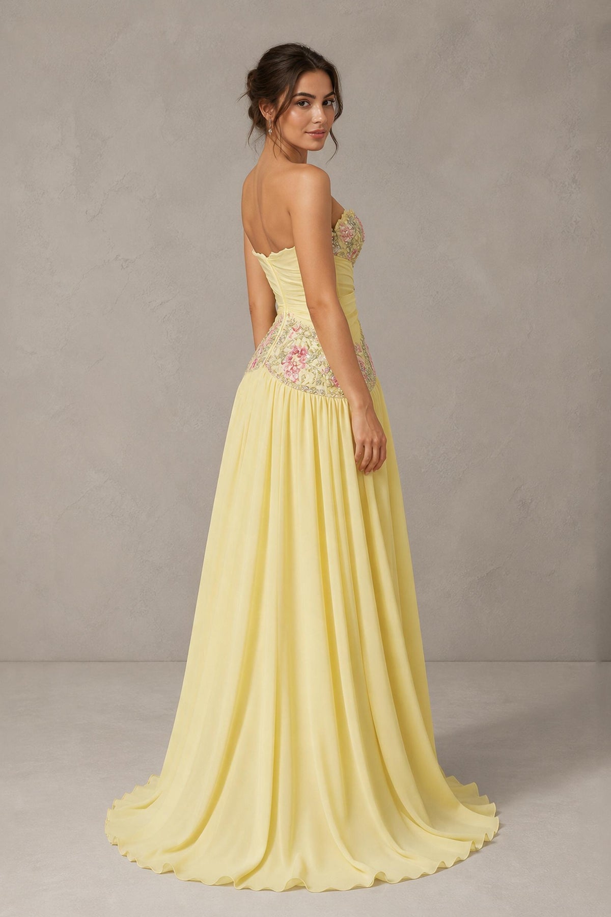 Yellow Strapless Sweetheart A-Line Chiffon Gown with 3D Floral Appliques & Cutout | BOLODOO - Yellow