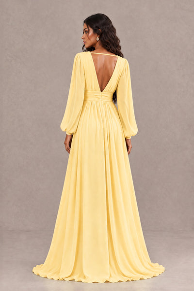 BOLODOO Yellow Long Sleeve V-Neck A-Line Gown with Open Back & Slit - Yellow - Yellow_2