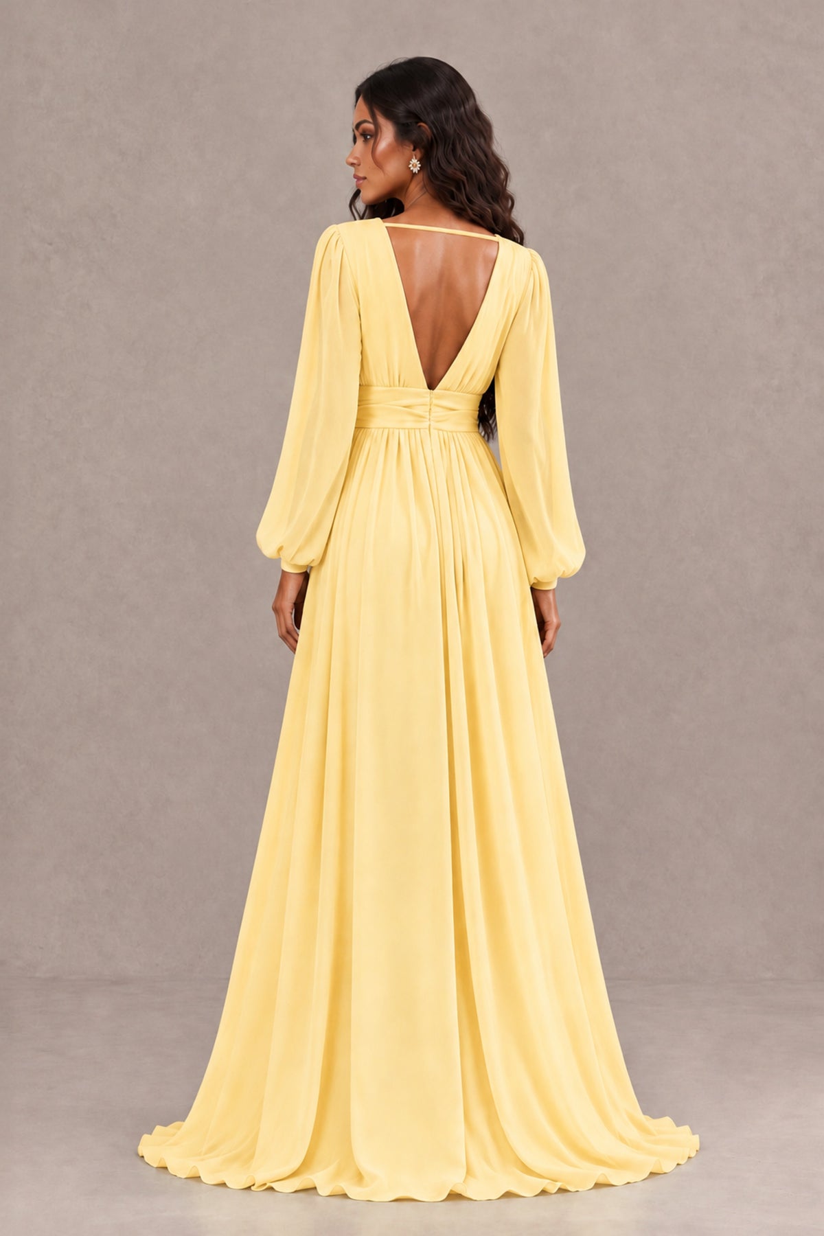 BOLODOO Yellow Long Sleeve V-Neck A-Line Gown with Open Back & Slit - Yellow - Yellow_2