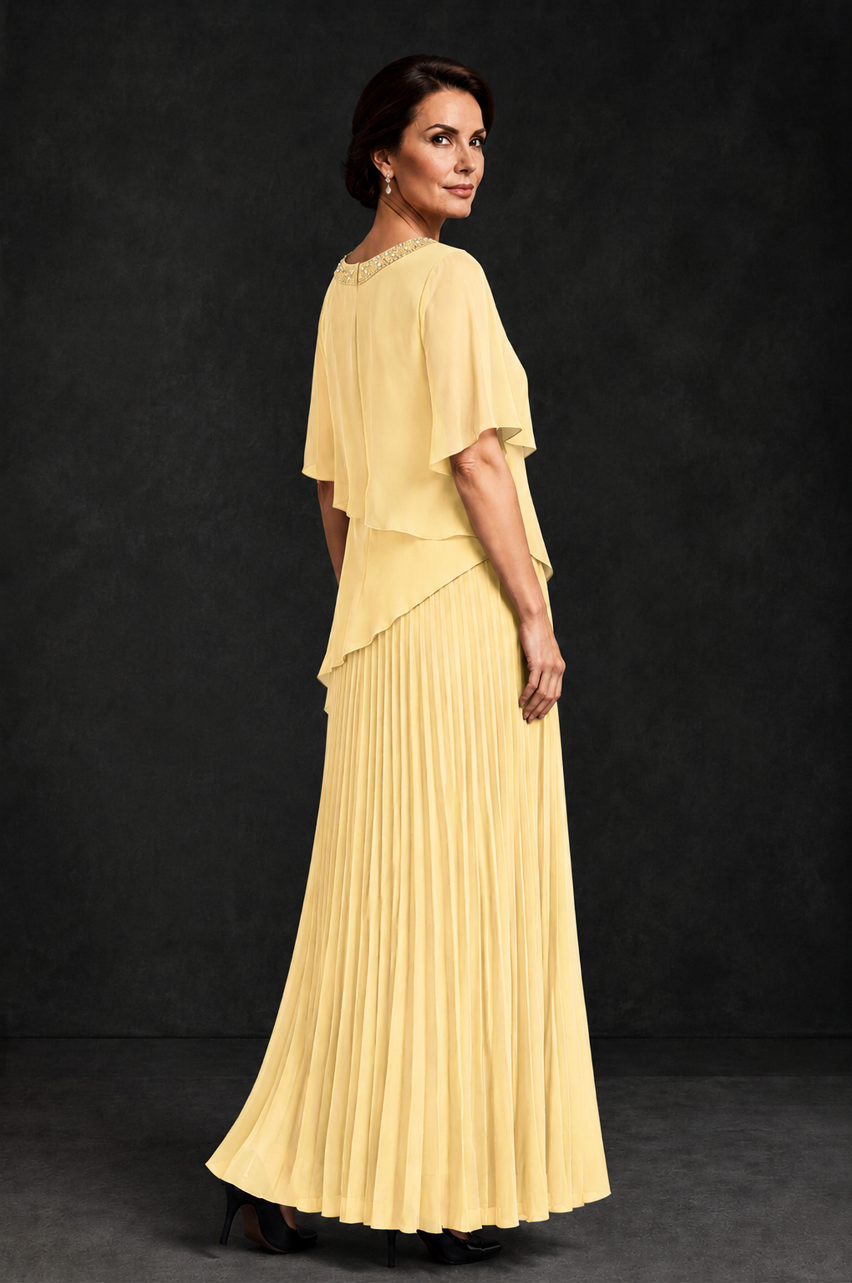 BOLODOO Yellow Pearl Beaded Neck Asymmetric Tiered Flutter Sleeve Pleated Chiffon Maxi Dress - Yellow - Yellow_2