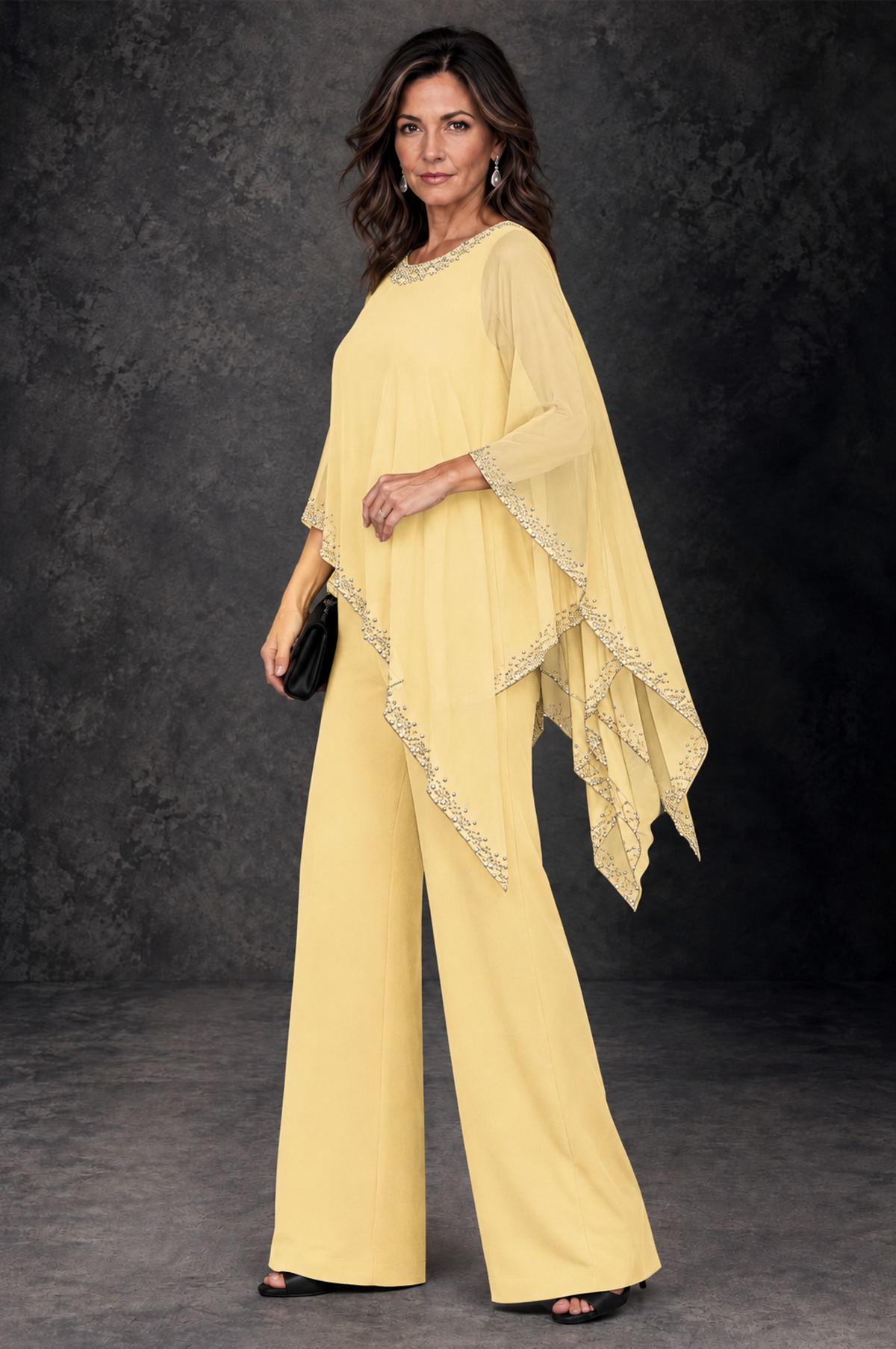 BOLODOO Yellow Embellished Cape Mother of the Bride Pantsuit - Yellow - Yellow_2