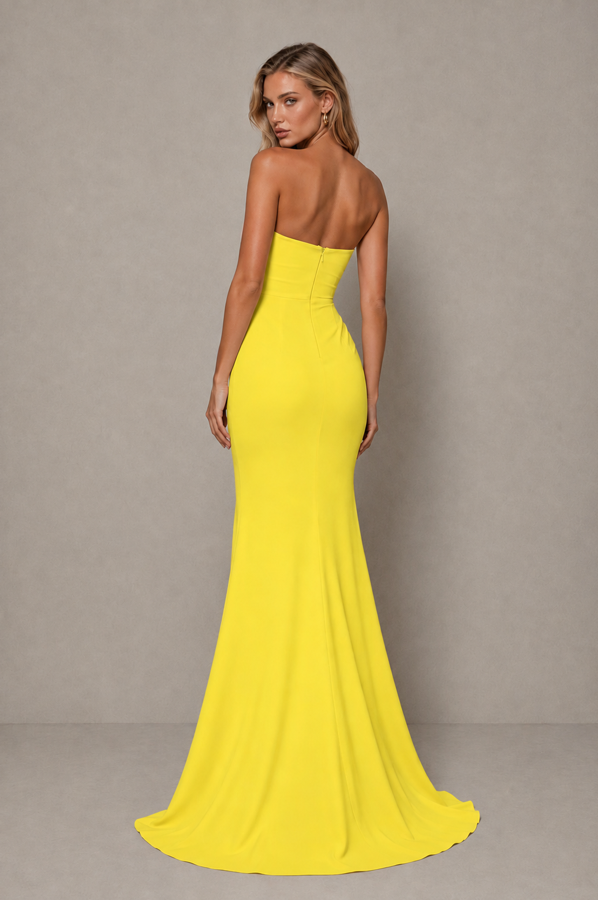 BOLODOO Yellow Strapless Sweetheart Ruched Mermaid Gown | Cascade Drape Formal Evening Dress - Yellow - Yellow_2