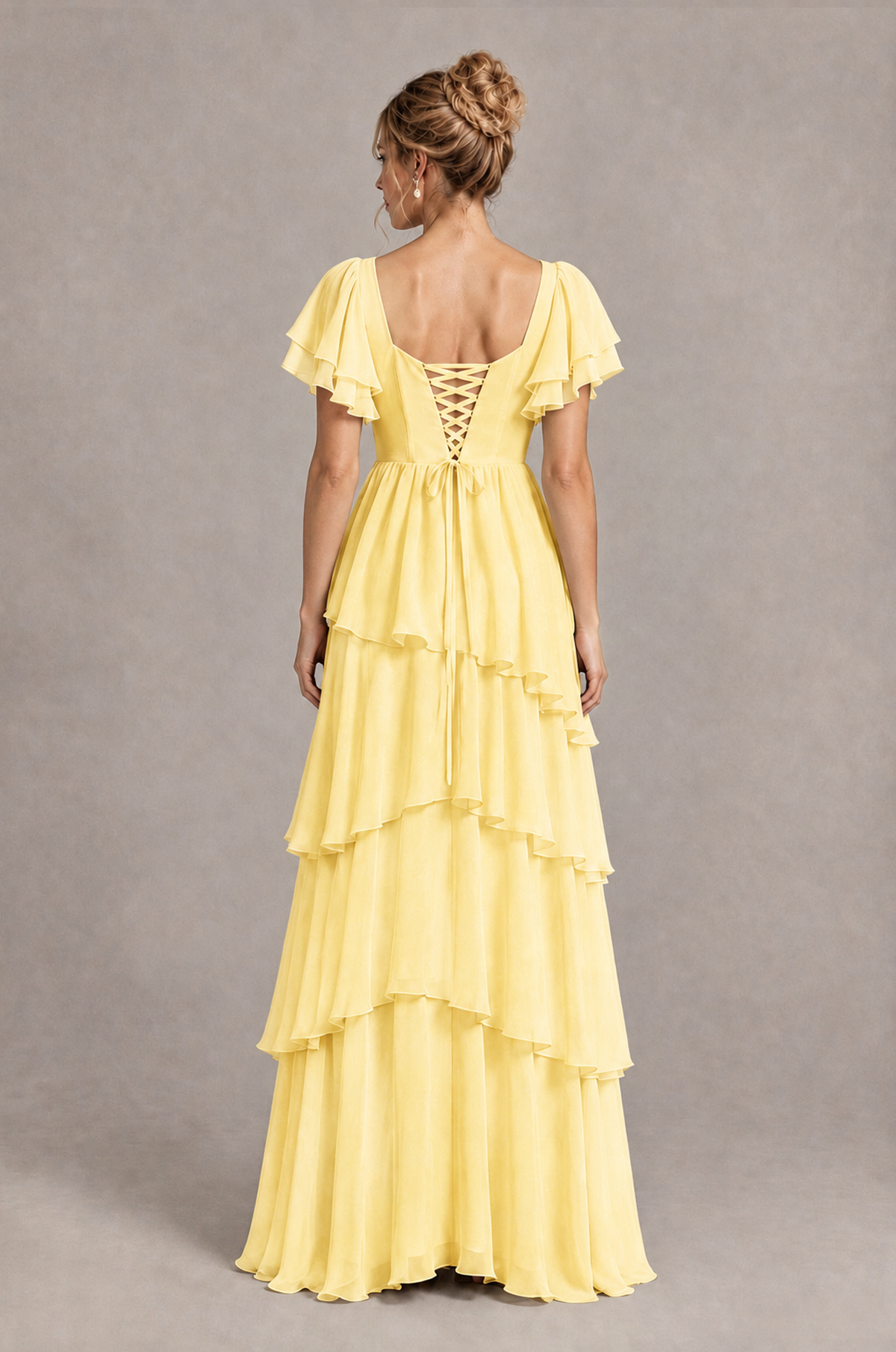 BOLODOO Yellow Square Neck Flutter Sleeve Tiered Chiffon Bridesmaid Dress with Lace-Up Back - Yellow - Yellow_2
