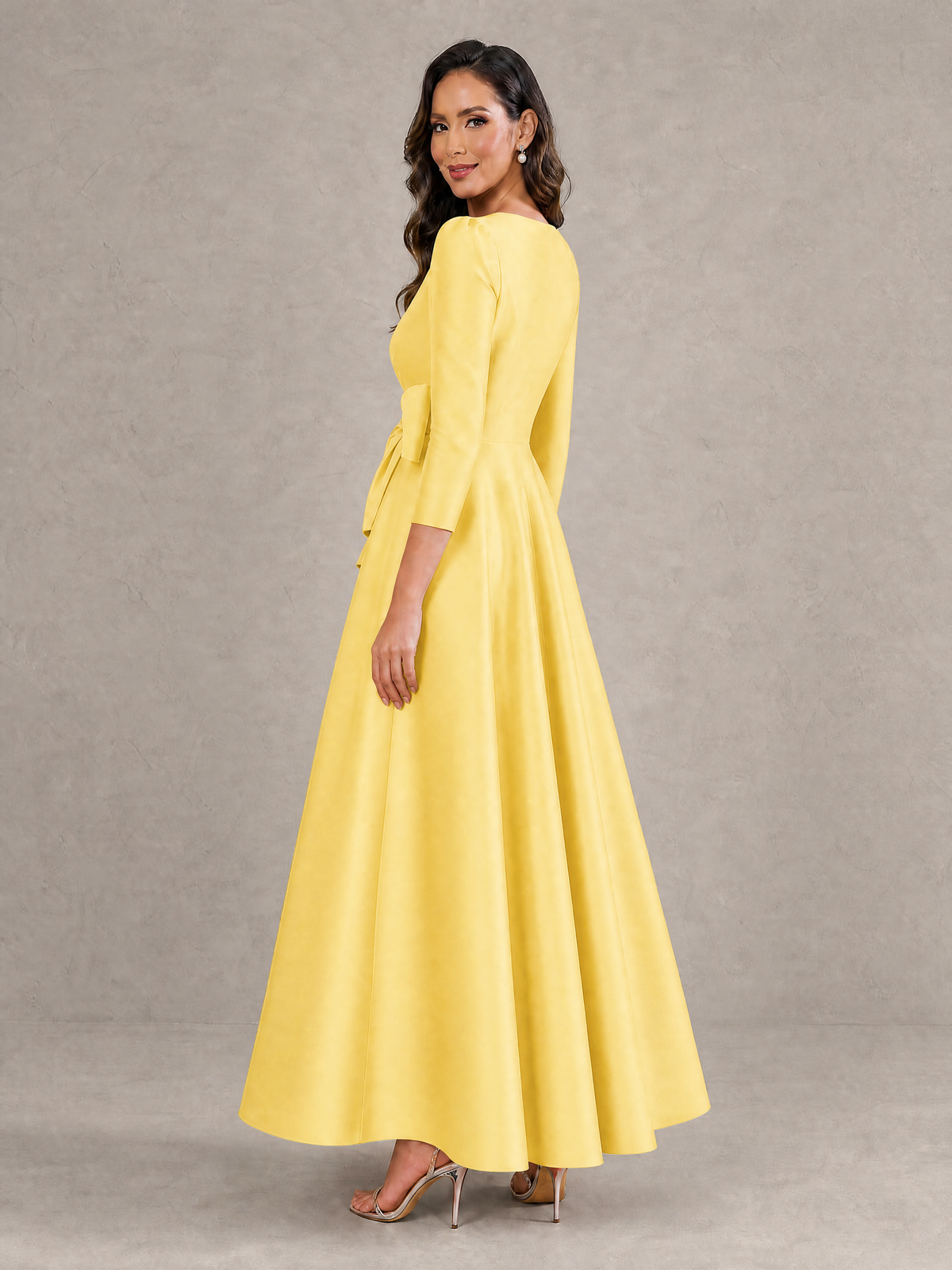 BOLODOO Yellow Satin Deep V-Neck Wrap 3/4 Puff Sleeve A-Line Ball Gown Maxi Dress with Oversized Bow Belt - Yellow