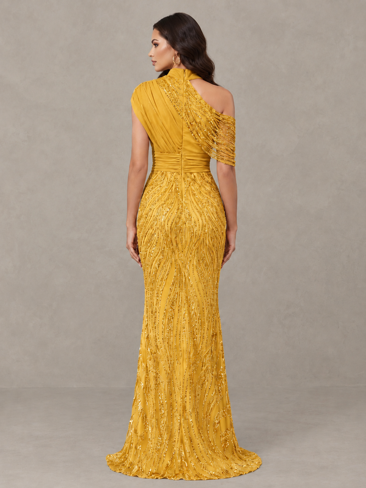 BOLODOO Yellow High Neck Draped Sequin Mermaid Evening Gown - Yellow - Yellow_2