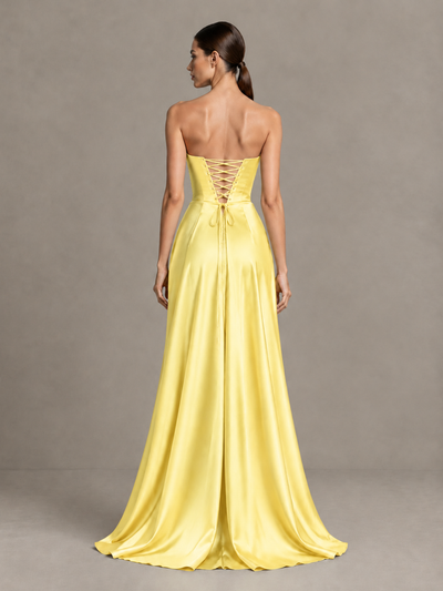 BOLODOO Yellow Strapless Satin High-Slit Lace-Up Prom Dress - Yellow - Yellow_2