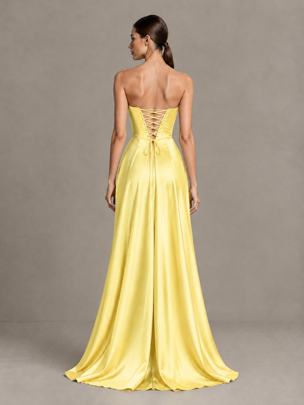 BOLODOO Yellow Strapless Satin High-Slit Lace-Up Prom Dress - Yellow - Yellow_2