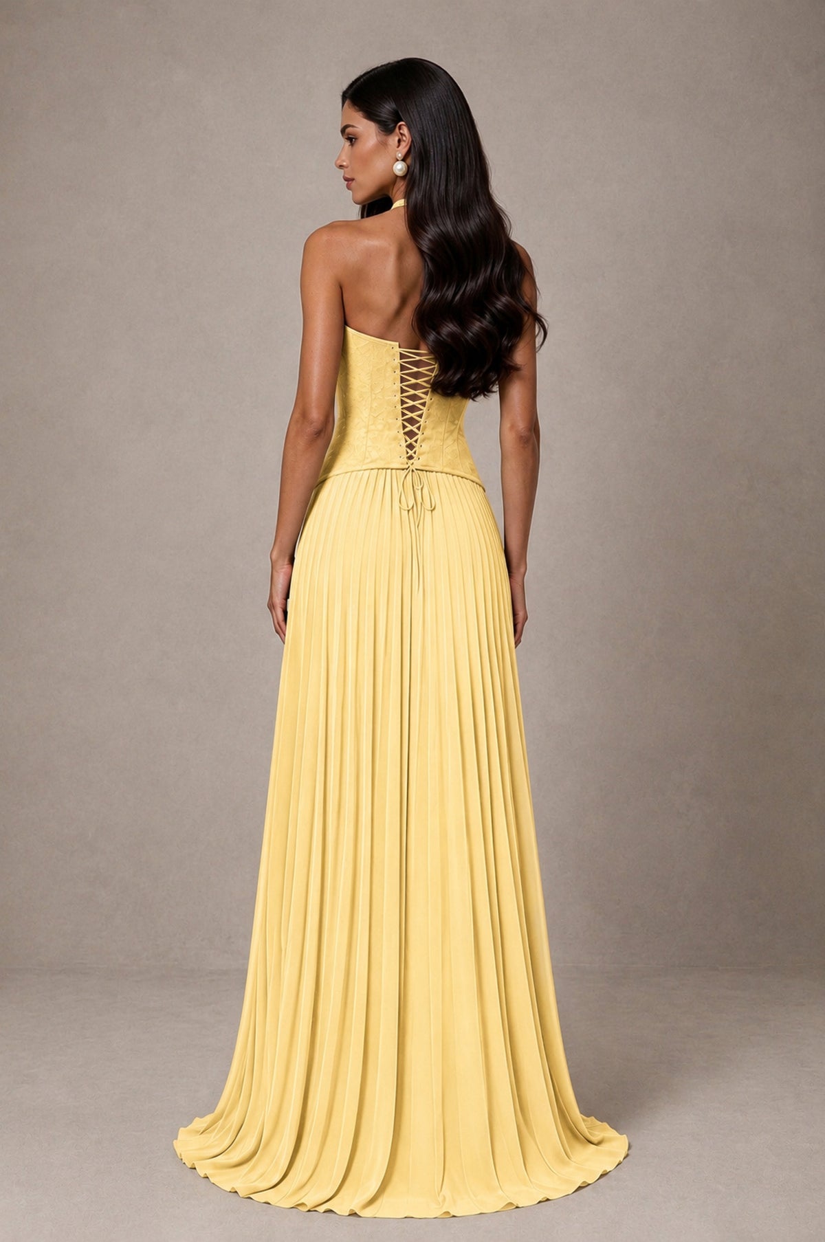 BOLODOO Yellow Halter Corset Pleated A-Line Evening Dress - Yellow - Yellow_2
