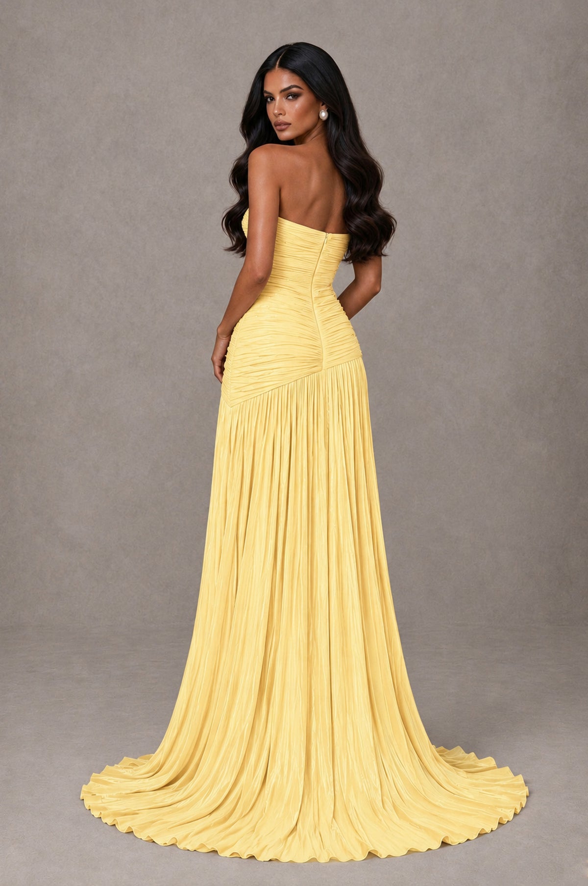BOLODOO Yellow Metallic Ruched Strapless Pleated A-Line Backless Maxi Dress with Train - Yellow - Yellow_2