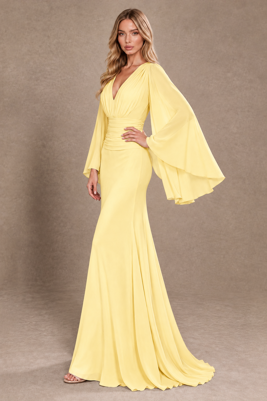 BOLODOO Yellow Cape Sleeve V-Neck Ruched Chiffon Evening Dress - Yellow - Yellow_2