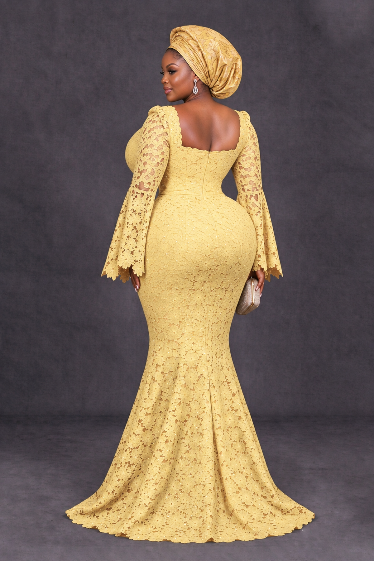 BOLODOO Yellow African Lace Mermaid Dress, Plus Size Nigerian Wedding Guest Gown with Bell Sleeves - Yellow - Yellow_2