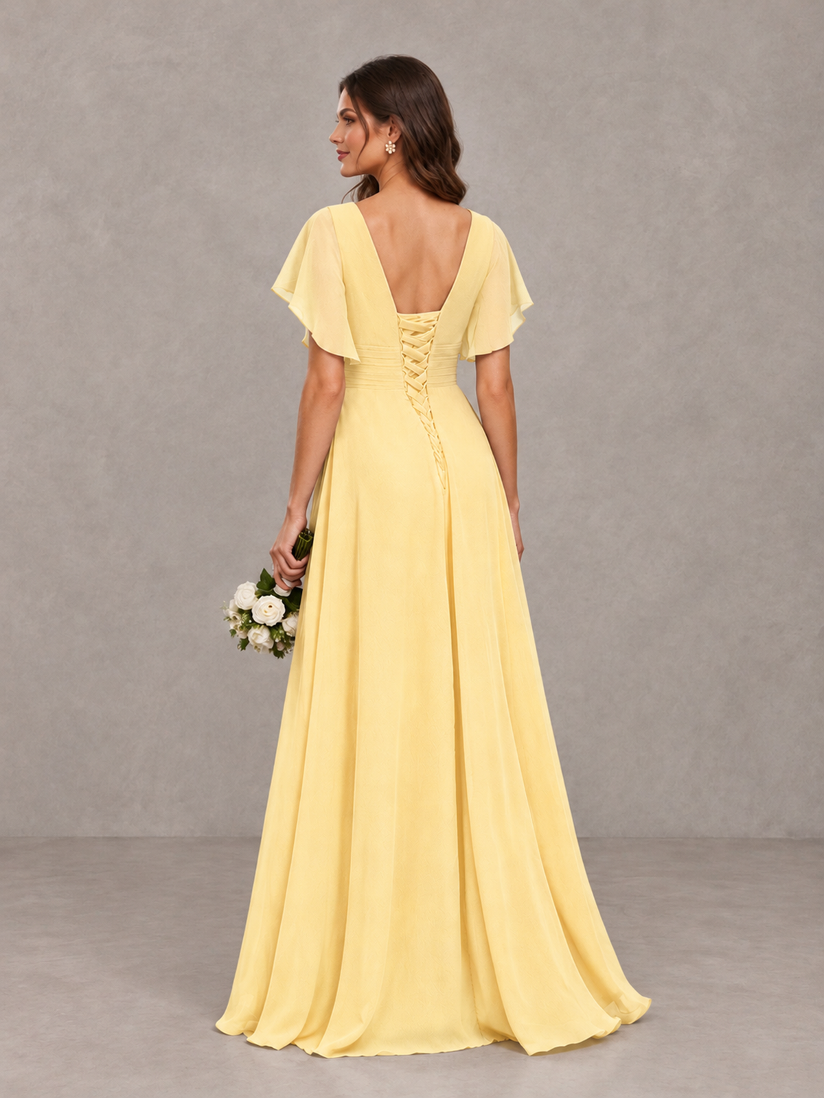 BOLODOO Yellow Flutter Sleeve V-Neck Bridesmaid Dress with Ruffle Slit - Yellow - Yellow_2