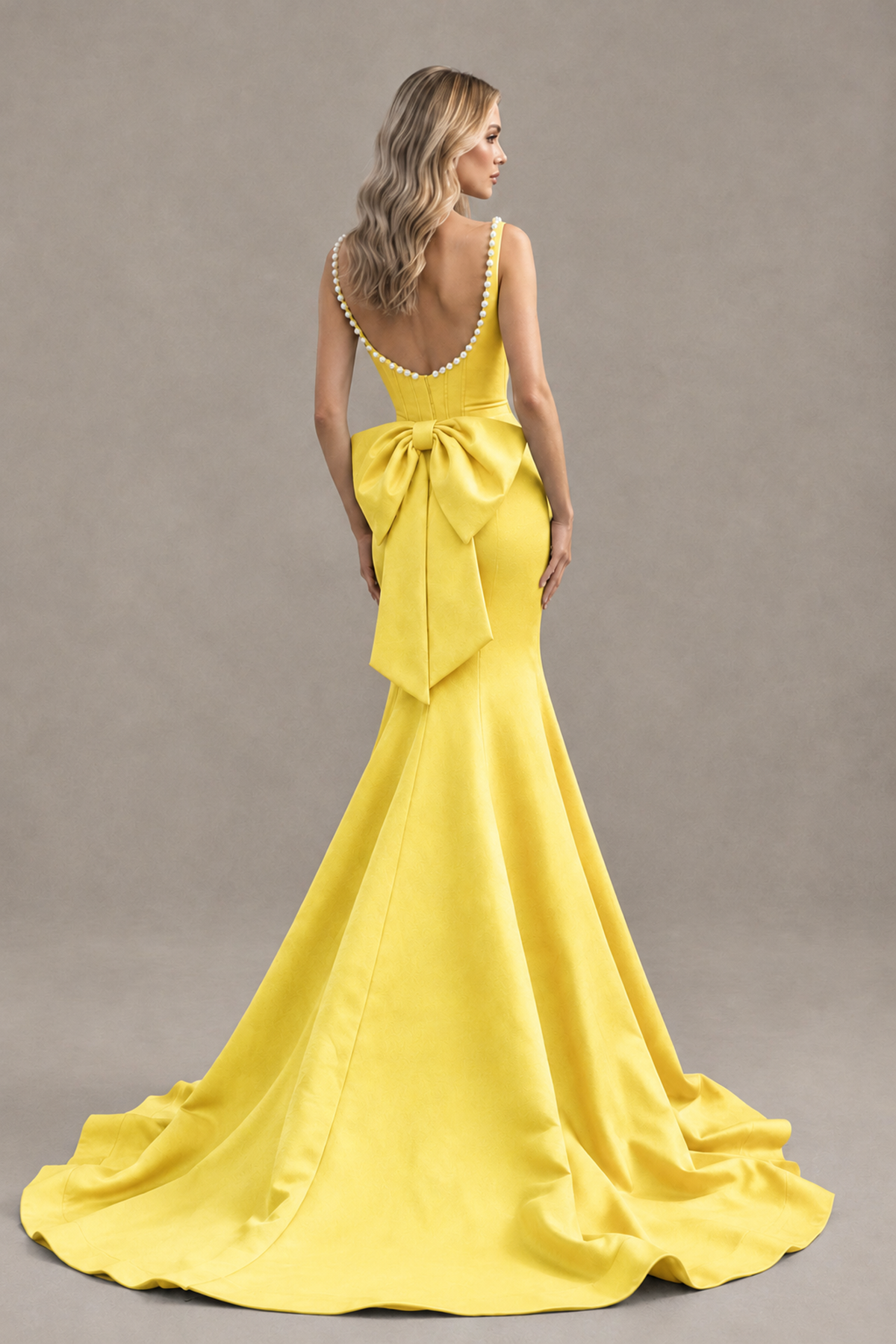 BOLODOO Yellow Pearl-Trim Mermaid Prom Dress with Back Bow - Yellow - Yellow_2