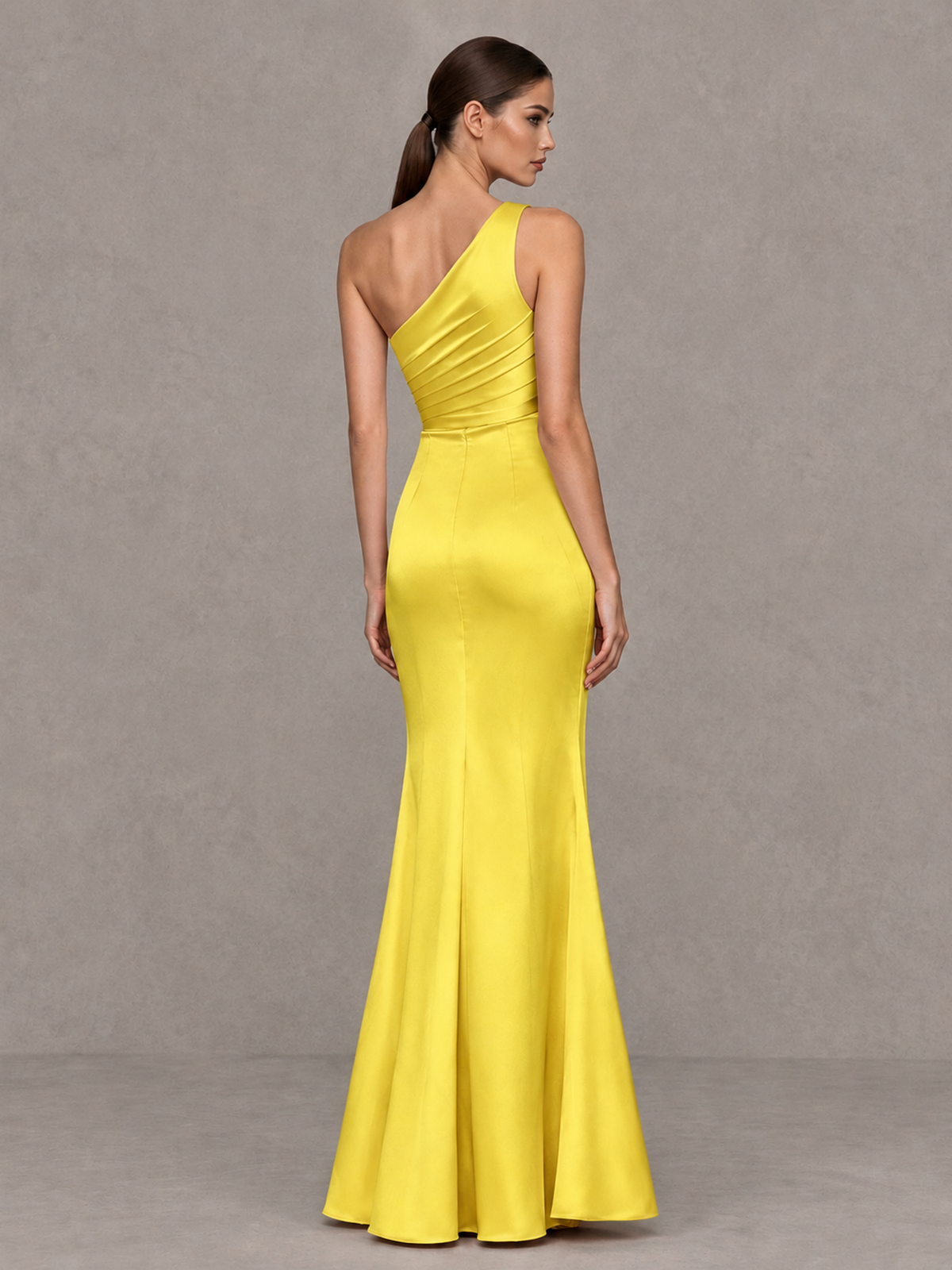 BOLODOO Yellow One-Shoulder Ruched Satin-Look Evening Gown with High Slit - Yellow - Yellow_2