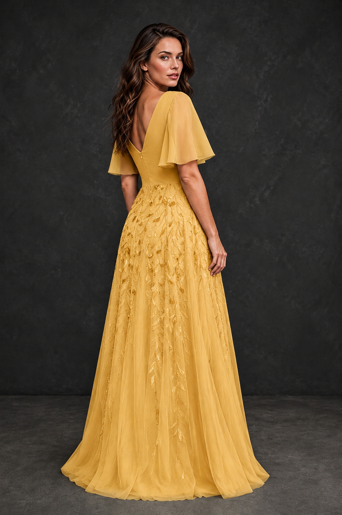 BOLODOO Yellow V-Neck Flutter Sleeve Beaded Botanical Tulle A-Line Gown | Mother of the Bride Evening Dress - Yellow - Yellow_2