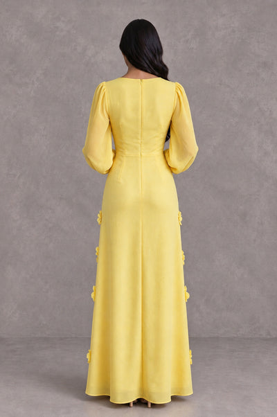BOLODOO Yellow Long Sleeve Floral Applique A-Line Evening Dress - Yellow - Yellow_2