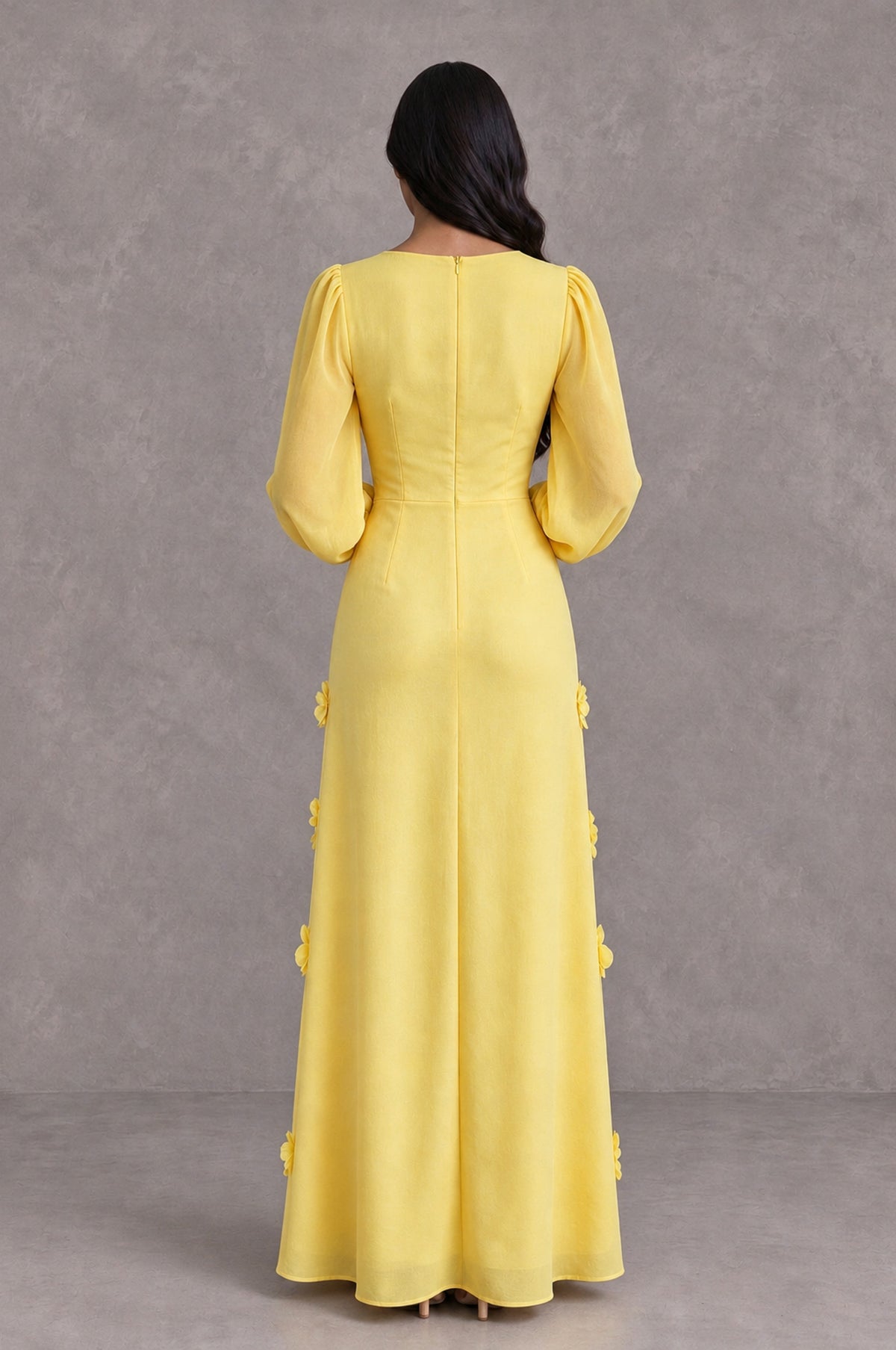 BOLODOO Yellow Long Sleeve Floral Applique A-Line Evening Dress - Yellow - Yellow_2