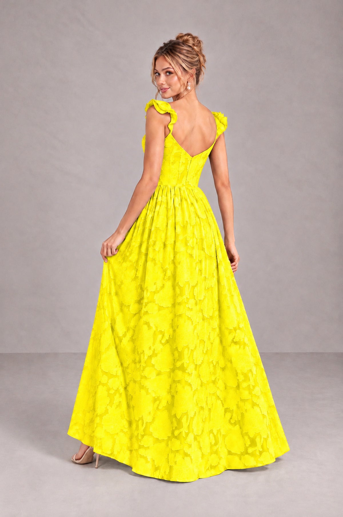 BOLODOO Yellow Floral A-Line Bridesmaid Dress with Slit Ruffle Straps Maxi Gown - Yellow - Yellow_2