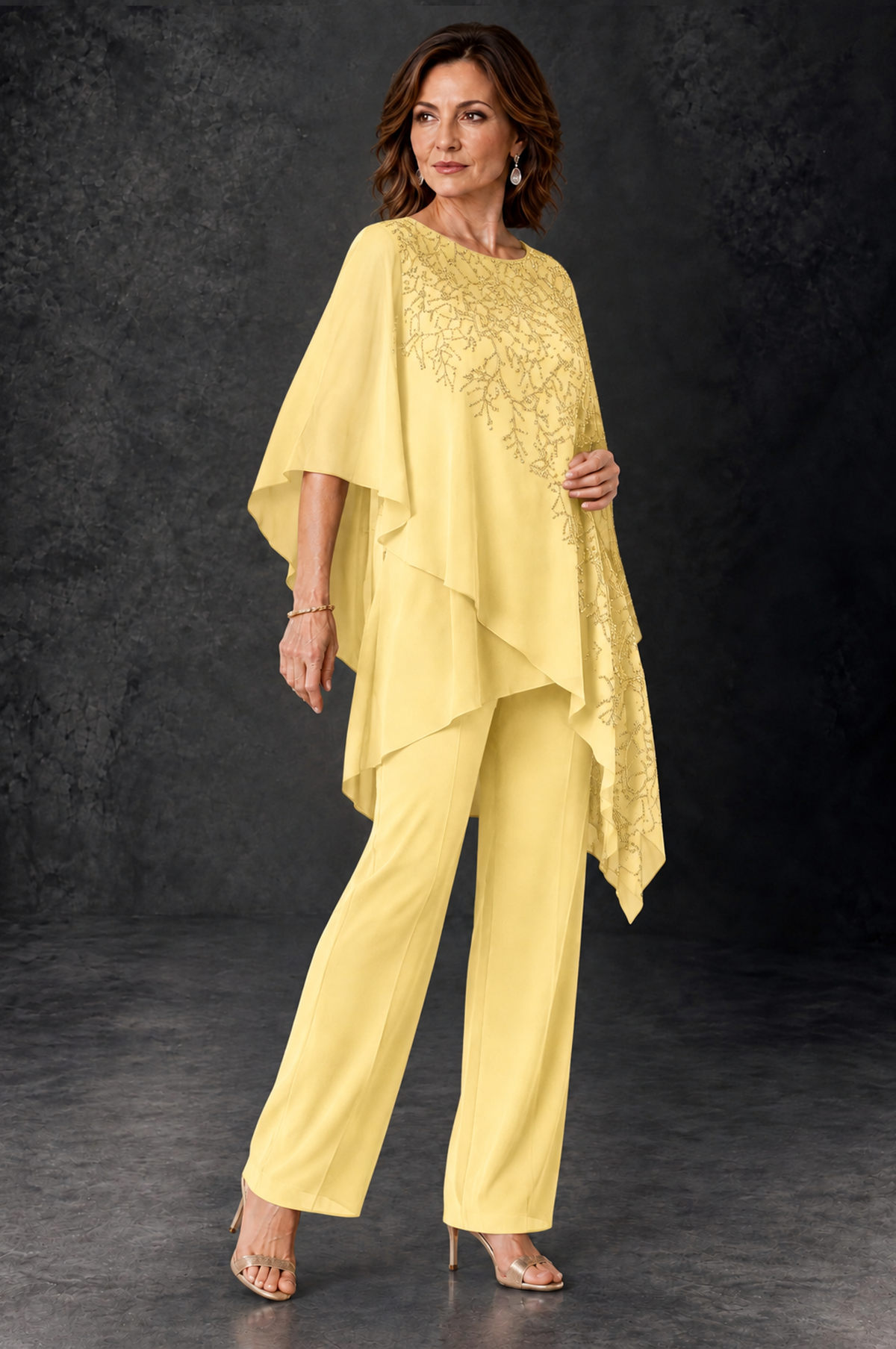 BOLODOO Yellow Embellished Cape Pant Suit for Mother of the Bride - Yellow - Yellow_2