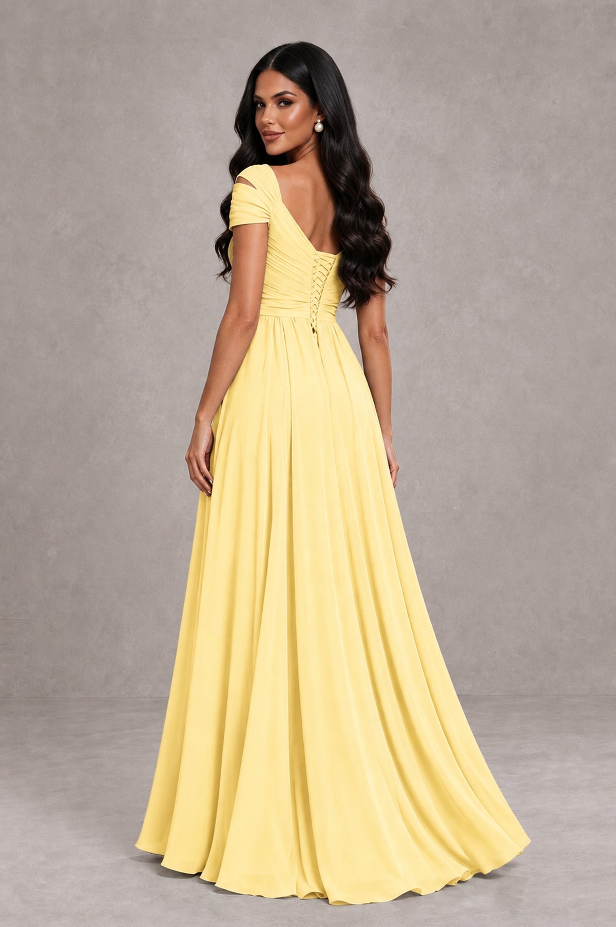 BOLODOO Yellow Cold Shoulder Chiffon Evening Dress with V Neck and High Slit - Yellow - Yellow_2