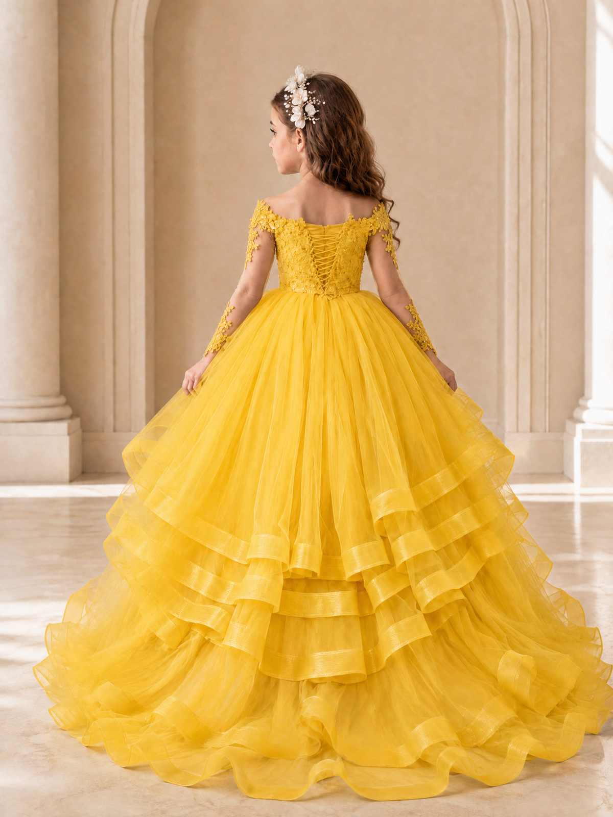 BOLODOO Yellow Lace Long Sleeve Tiered Flower Girl Dress - Yellow - Yellow_2