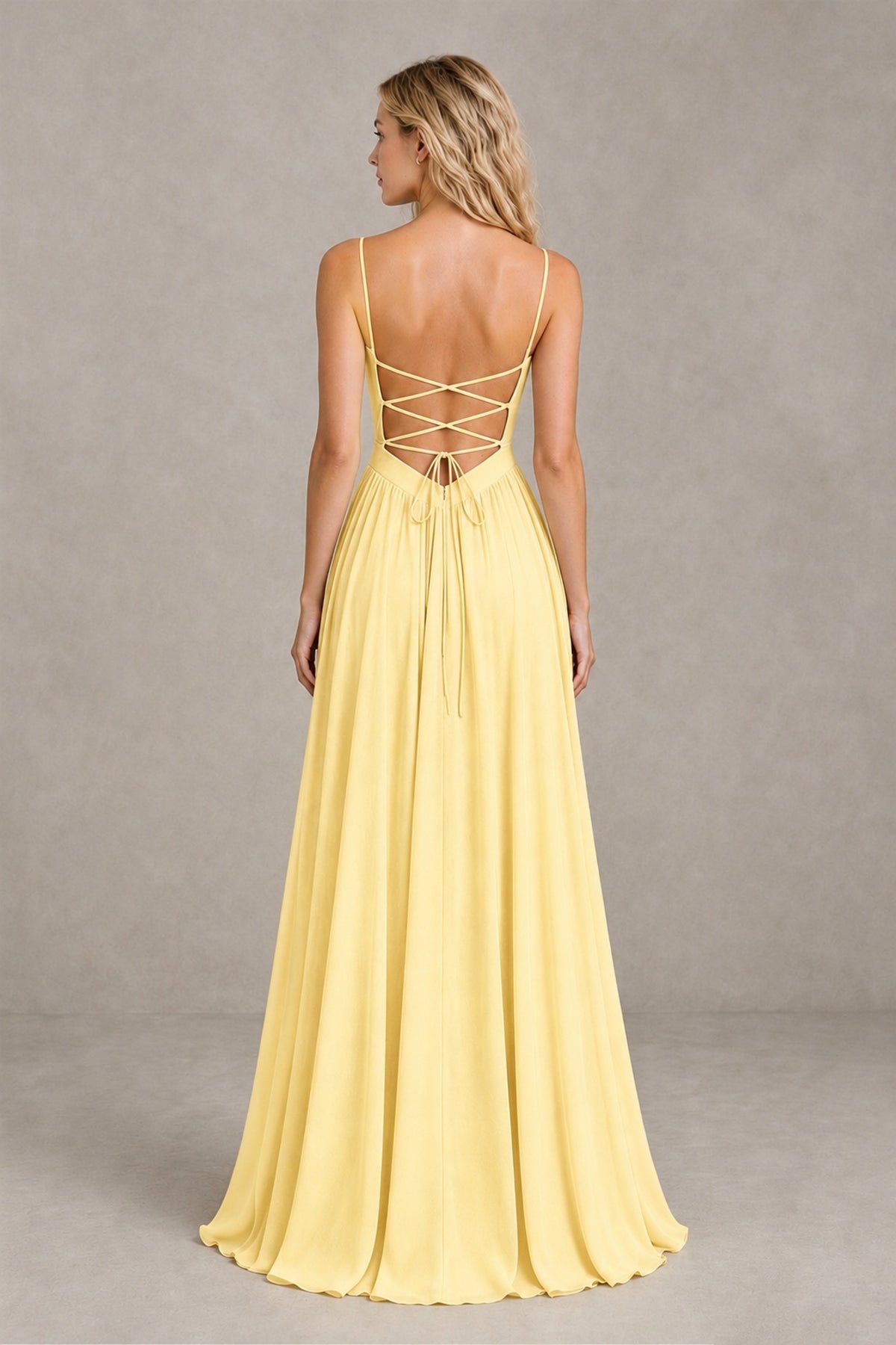 BOLODOO Yellow Spaghetti Strap A-Line Bridesmaid Dress with Slit - Yellow - Yellow_2