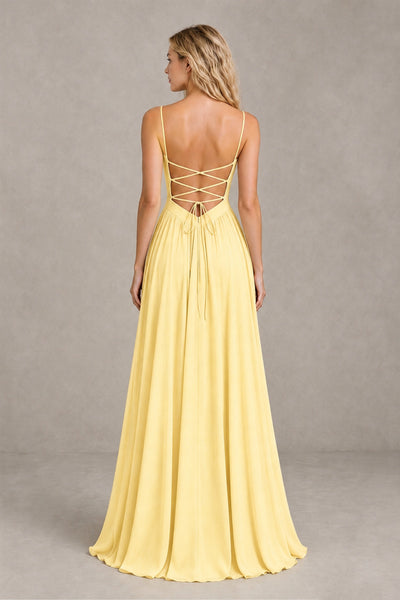 BOLODOO Yellow Spaghetti Strap A-Line Bridesmaid Dress with Slit - Yellow - Yellow_2