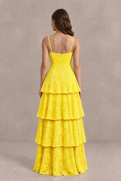 BOLODOO Yellow Tiered Floral-Textured Spaghetti Strap Maxi Dress - Yellow - Yellow_2