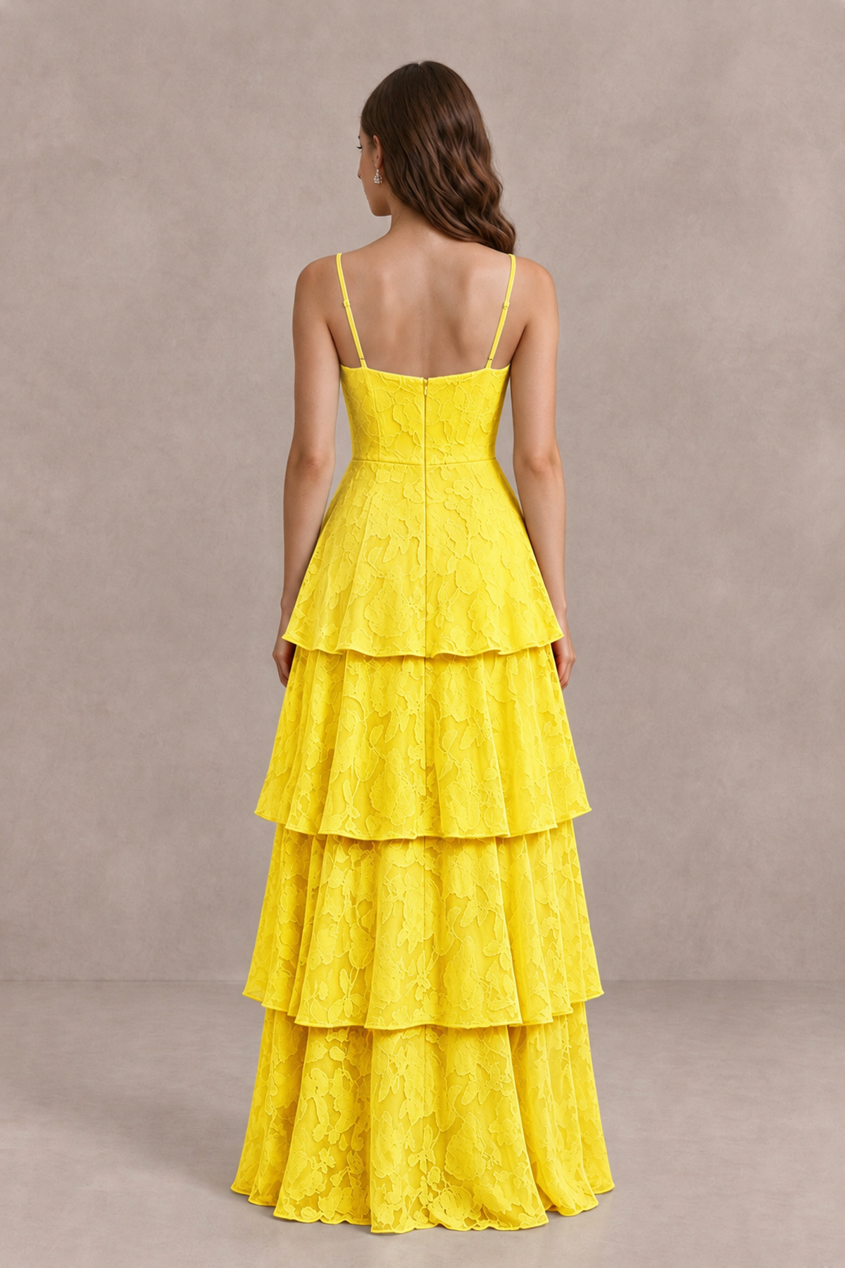 BOLODOO Yellow Tiered Floral-Textured Spaghetti Strap Maxi Dress - Yellow - Yellow_2