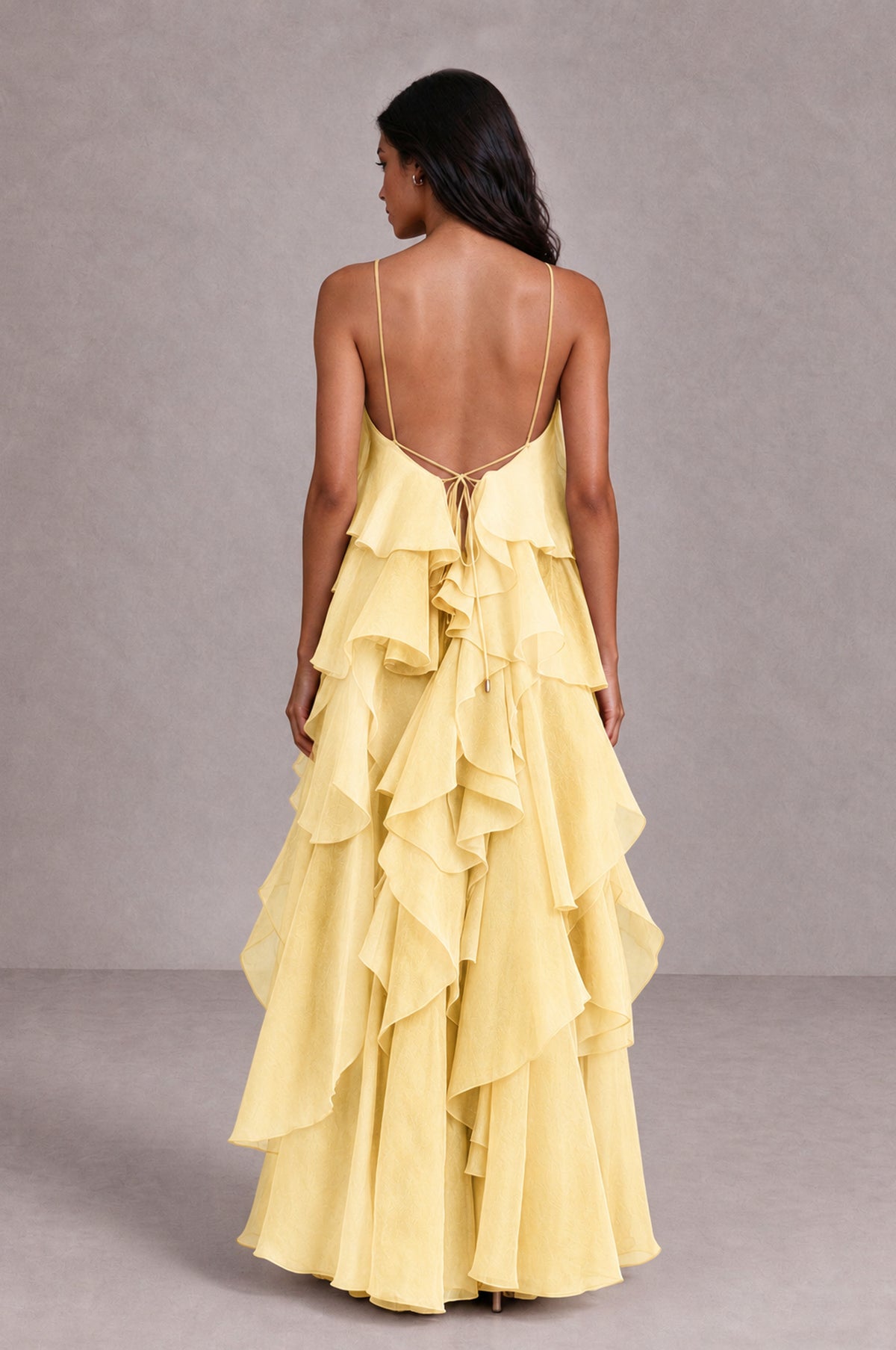 BOLODOO Yellow Cascading Ruffle Rosette Open-Back Maxi Dress - Yellow - Yellow_2