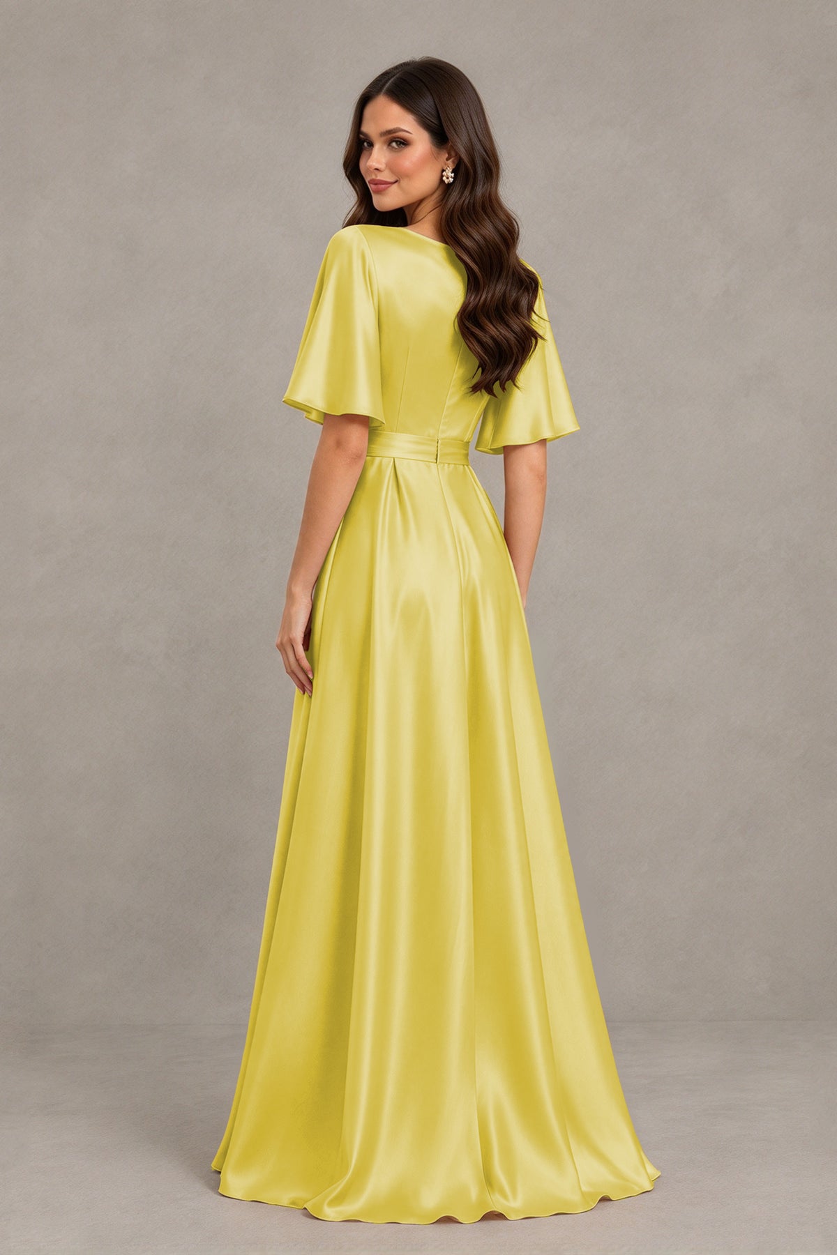 BOLODOO Yellow Satin V-Neck Flutter Sleeve Bridesmaid Dress with Slit - Yellow - Yellow(2)