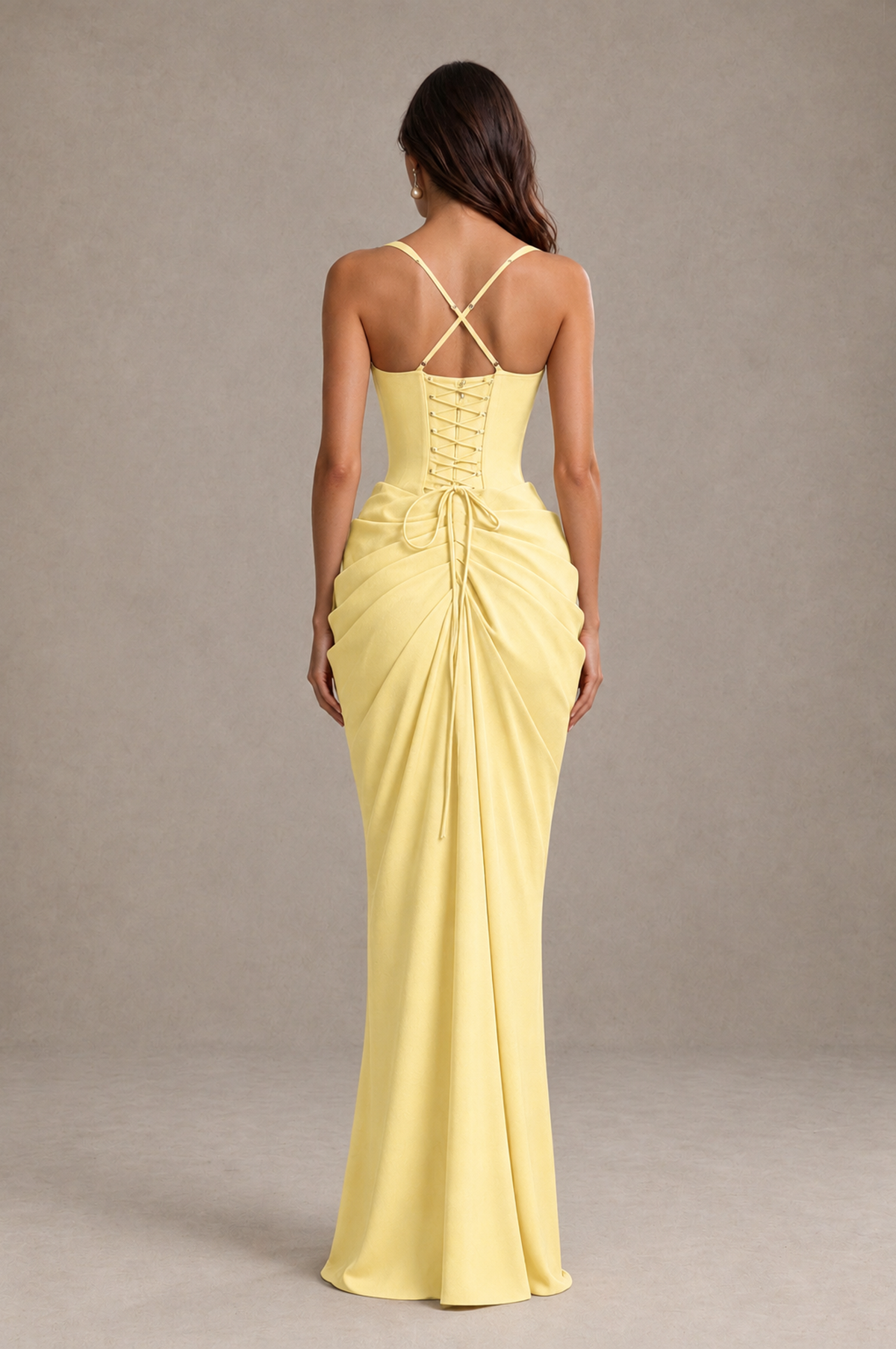 BOLODOO Yellow Sweetheart Ruched Lace-Up Back Evening Gown - Yellow - Yellow_2