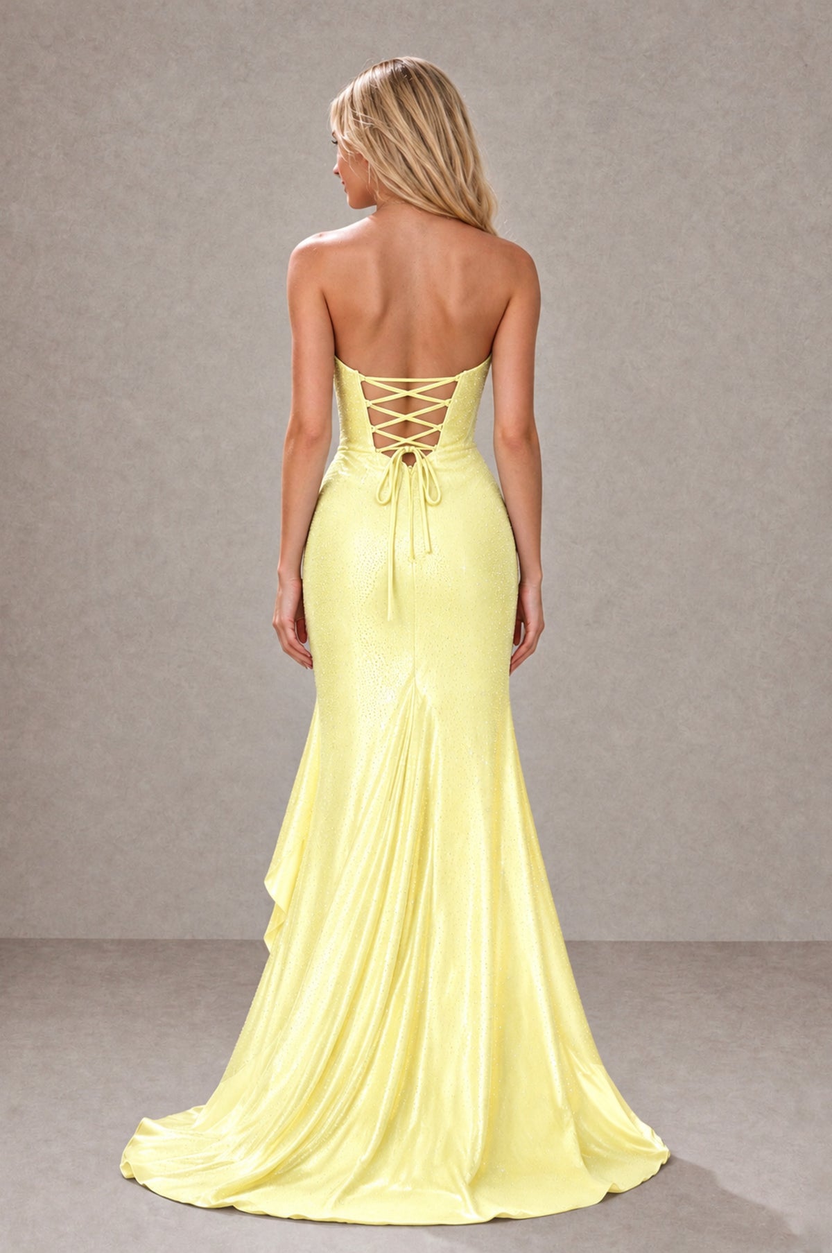 BOLODOO Yellow Strapless Corset Mermaid Prom Dress with Ruffle Slit - Yellow - Yellow_2