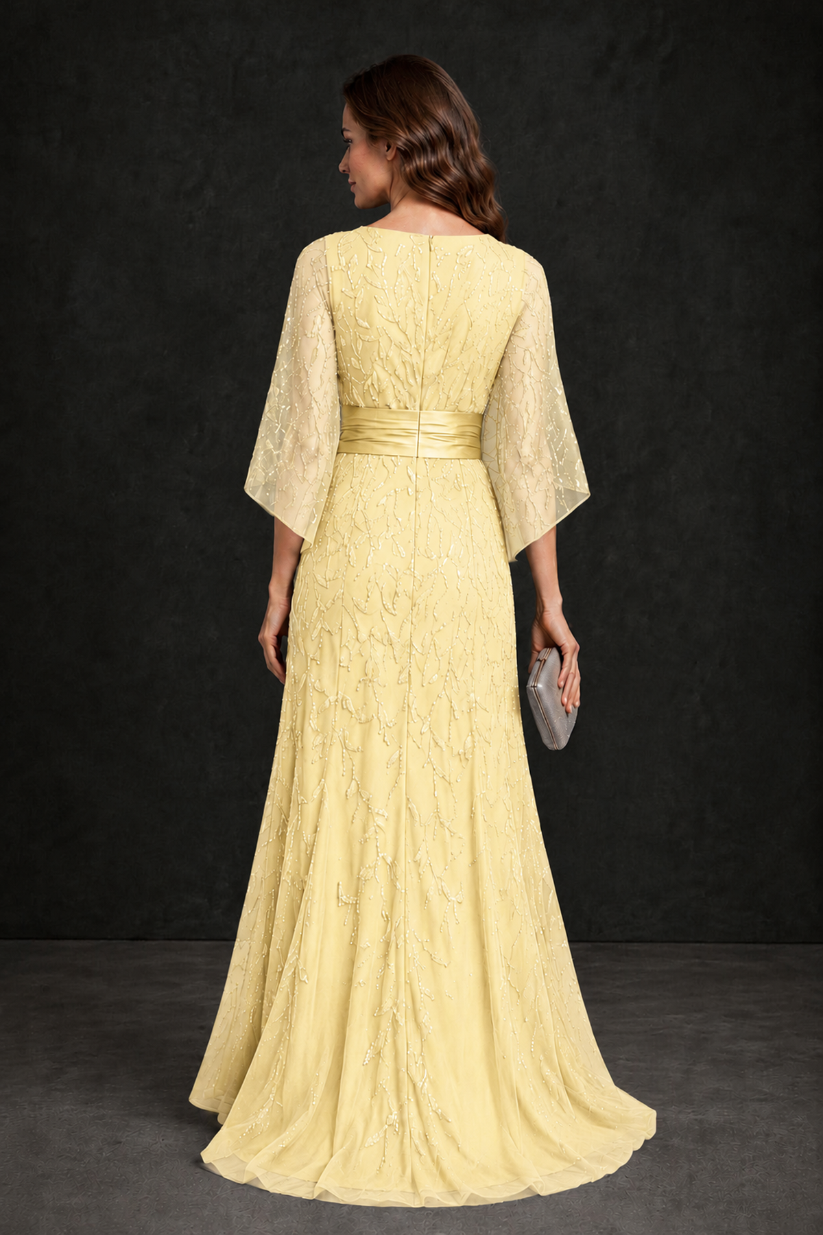 BOLODOO Yellow Bateau Neck Bell Sleeve Sequin Embroidered Satin Waist A-Line Maxi Dress - Yellow - Yellow_2