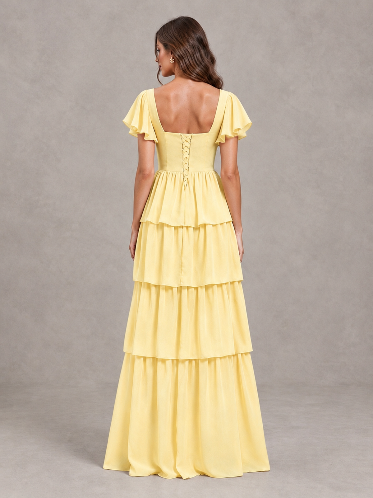 BOLODOO Yellow Flutter Sleeve Tiered Maxi Bridesmaid Dress - Yellow - Yellow_2