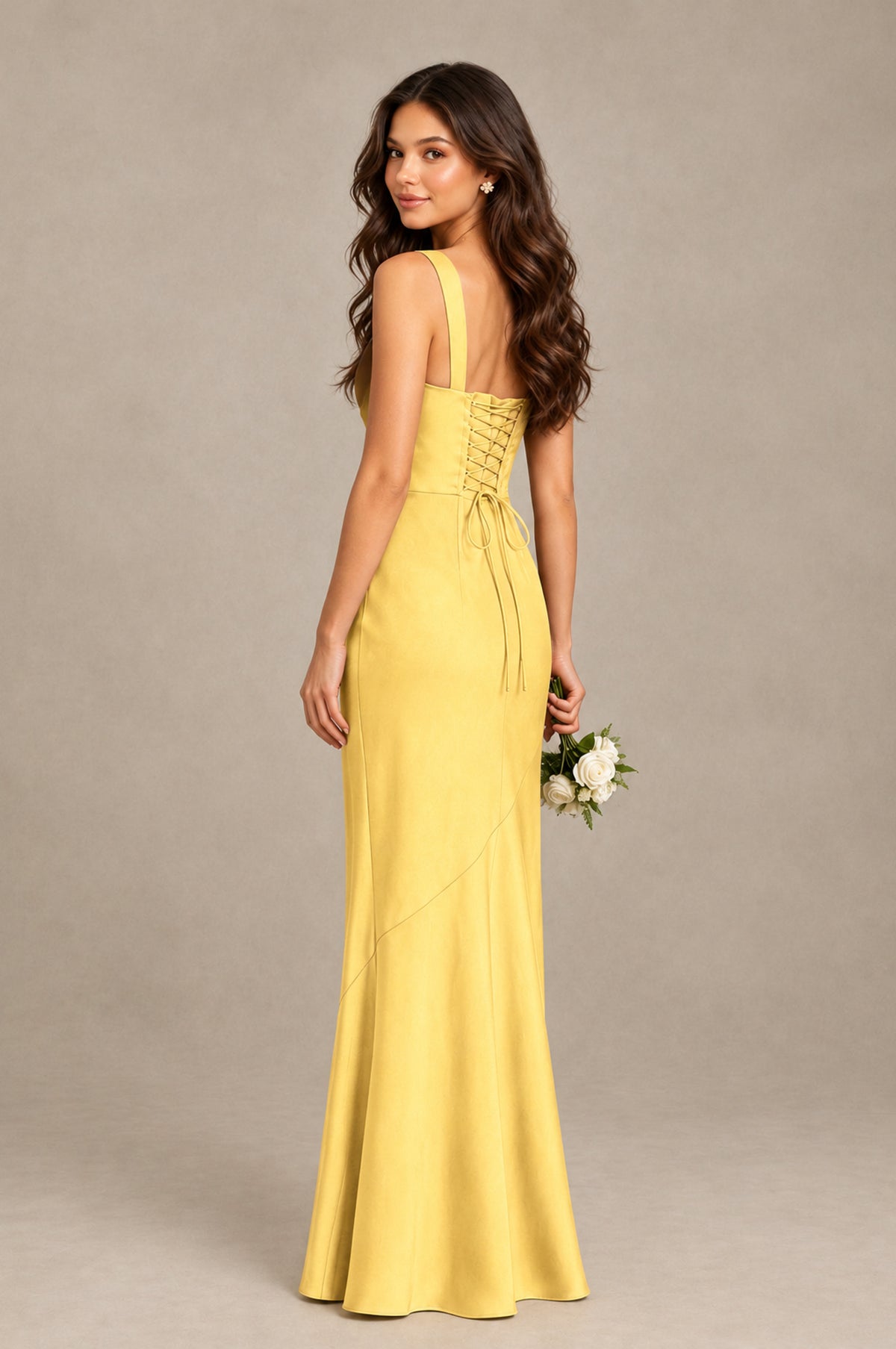 BOLODOO Yellow Square Neck Ruched Satin Lace-Up Bridesmaid Dress - Yellow - Yellow_2