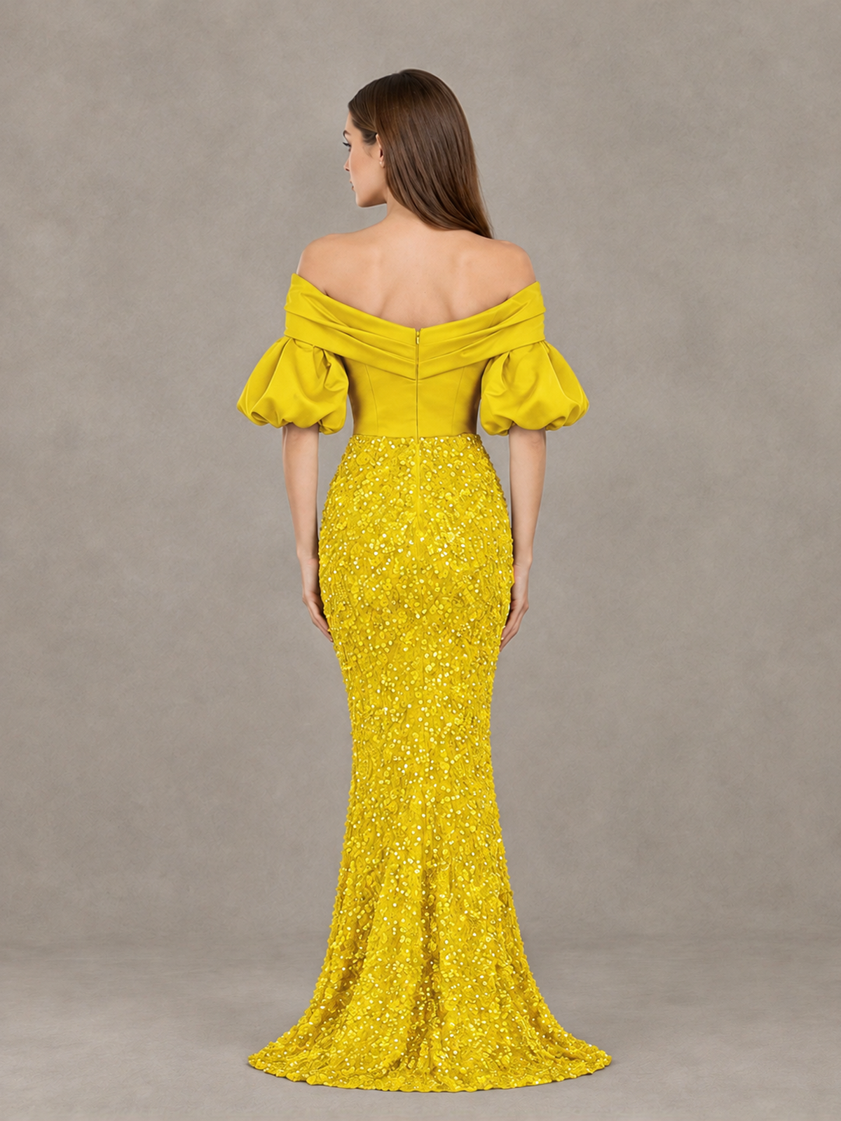 BOLODOO Yellow Off-Shoulder Puff Sleeve Sequin Mermaid Evening Dress - Yellow - Yellow_2